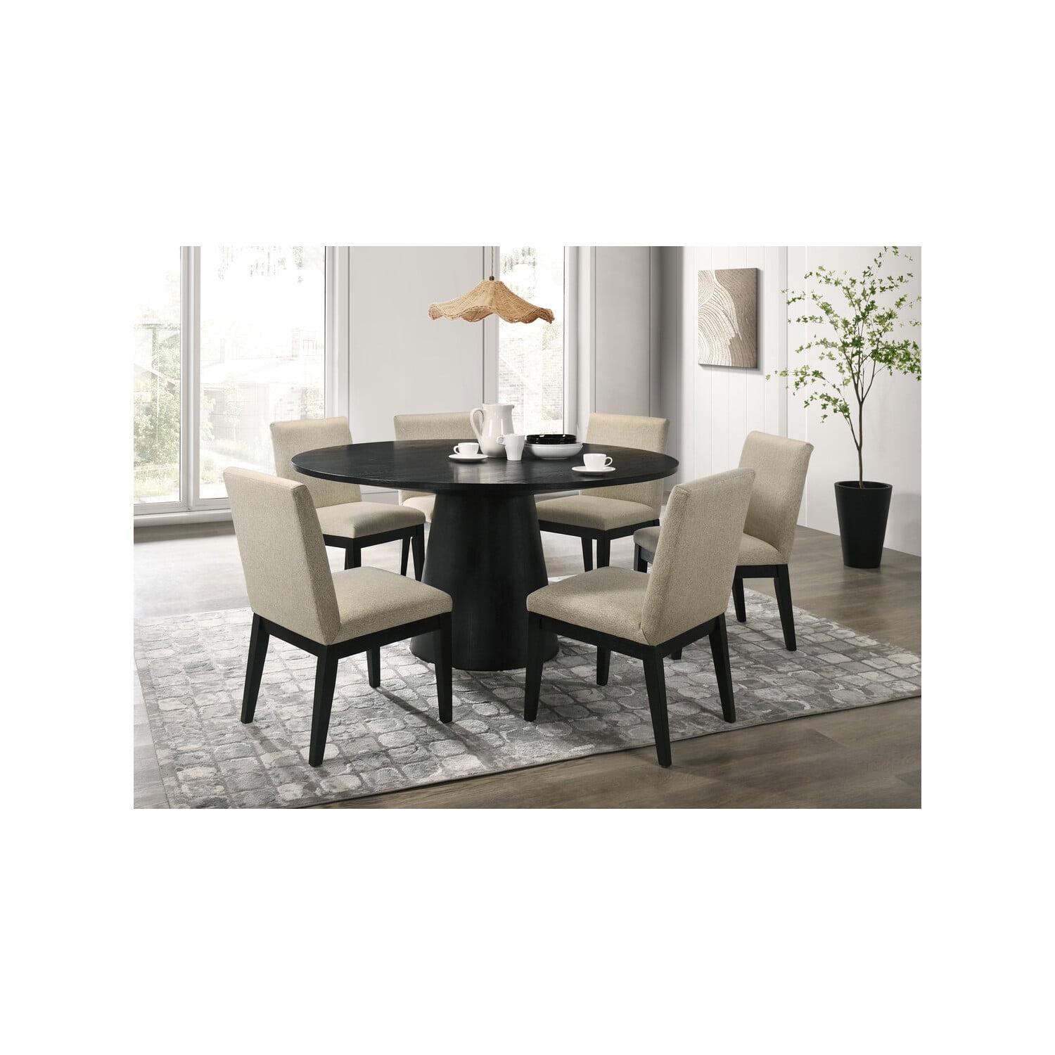 Jasper Ebony Black Wood 7-PC 59"Rd Dining Tbl.Set w/Pedestal Base+Fabric Chairs