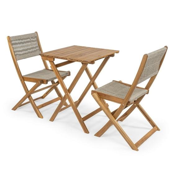 Javea Modern Coastal 3-Piece Acacia Wood Outdoor Folding Bistro Set, Beige/Teak Brown - JONATHAN Y