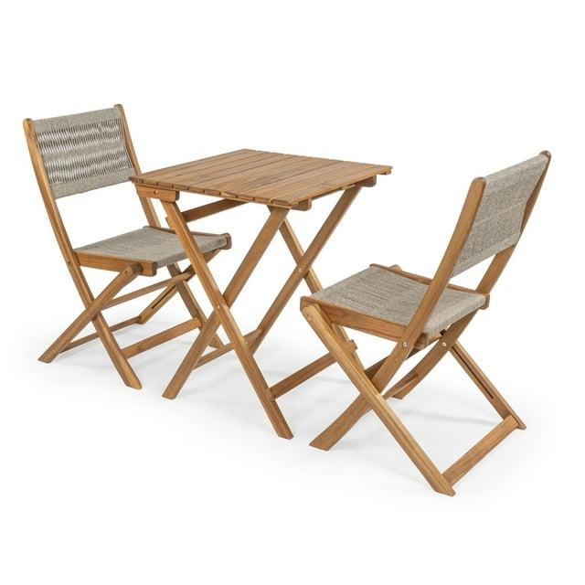Javea Modern Coastal 3-Piece Acacia Wood Outdoor Folding Bistro Set, Beige/Teak Brown - JONATHAN Y
