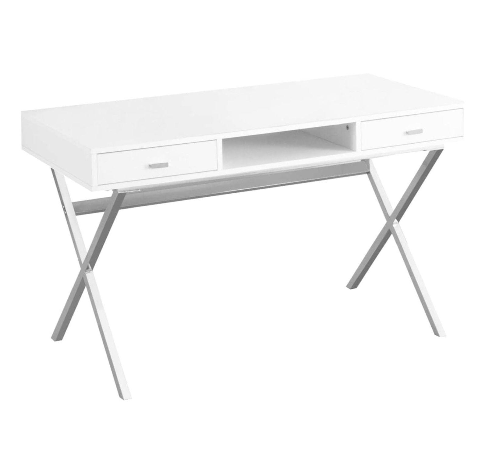 Contemporary Glossy White Home Office Desk with Chrome Accents