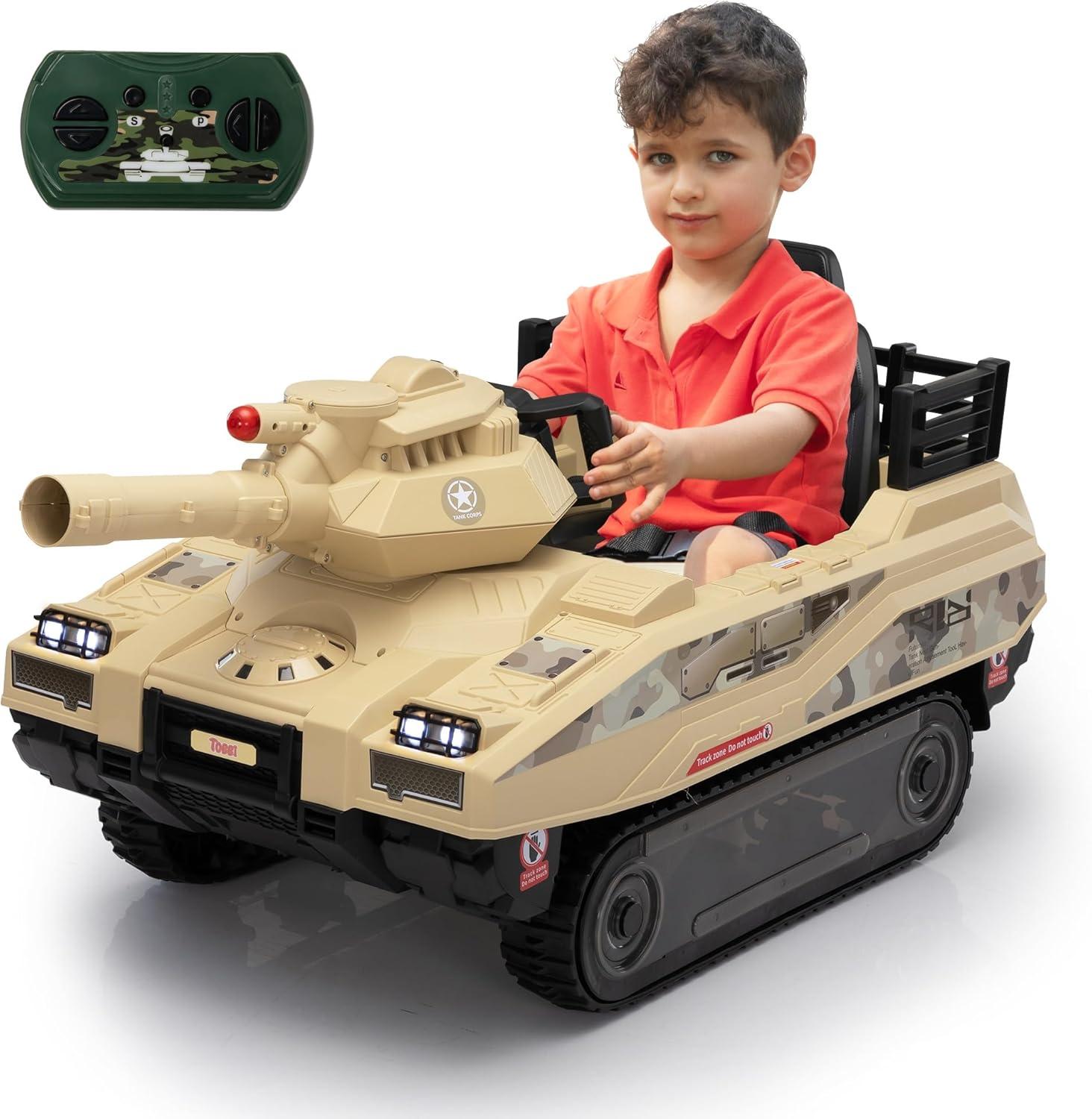 Jaxpety 24 V Kids Ride on Tank Car with Working Cannon and Rotating Turret for Boys and Girls Ages 3-8 Years, Yellow