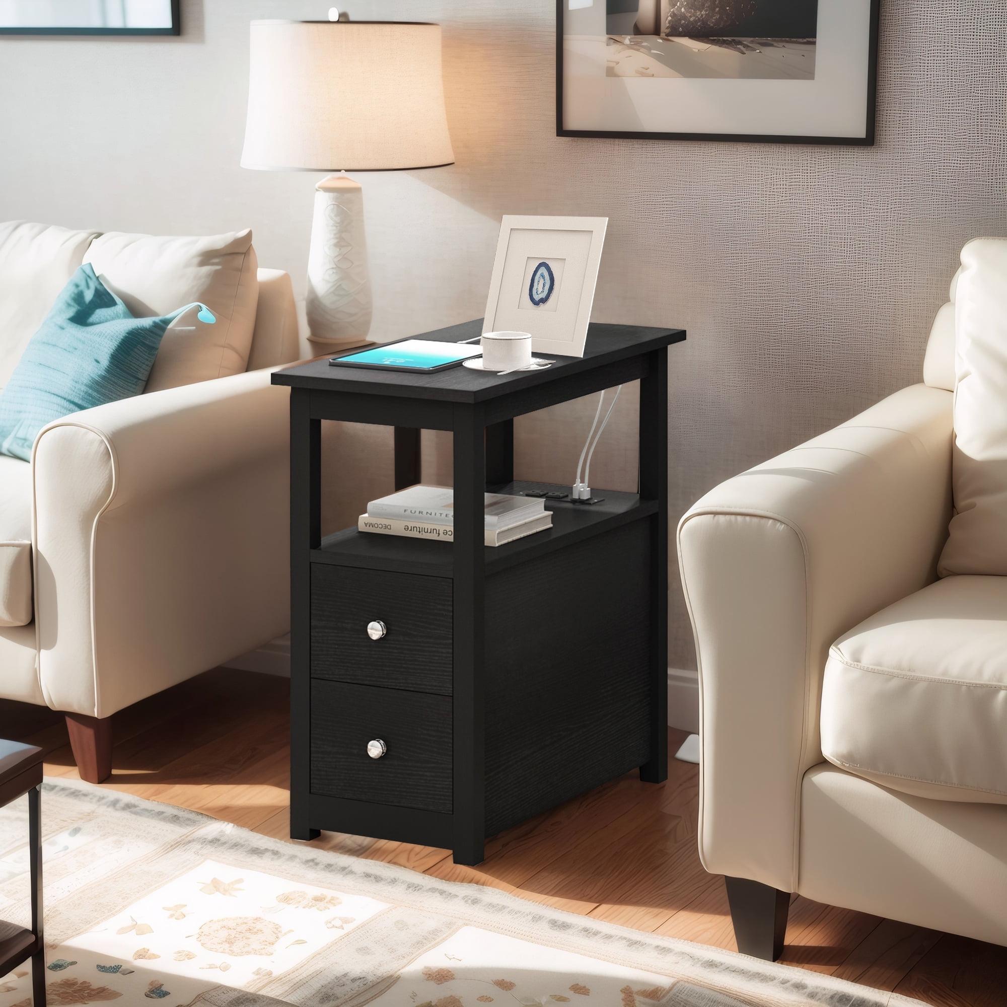 Black Wood Rectangular End Table with Storage and Charging Station