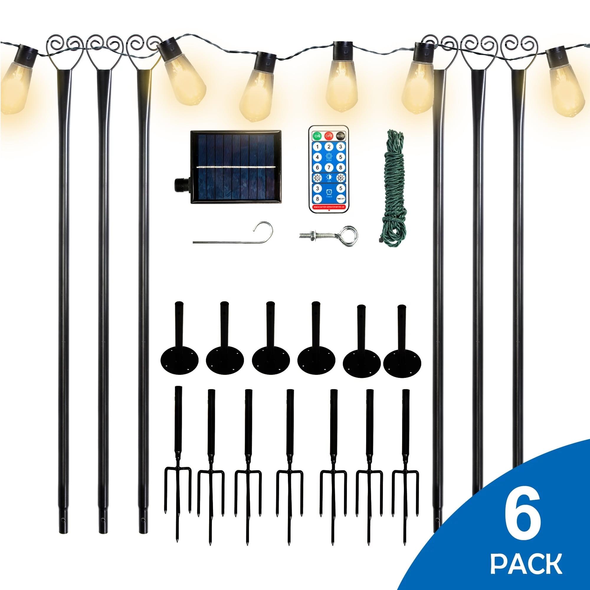 9FT Light string poles, 6 Pack Metal Poles with Remote control and solar panel, Ox Horn for Deck, Outdoor/Indoor Decor