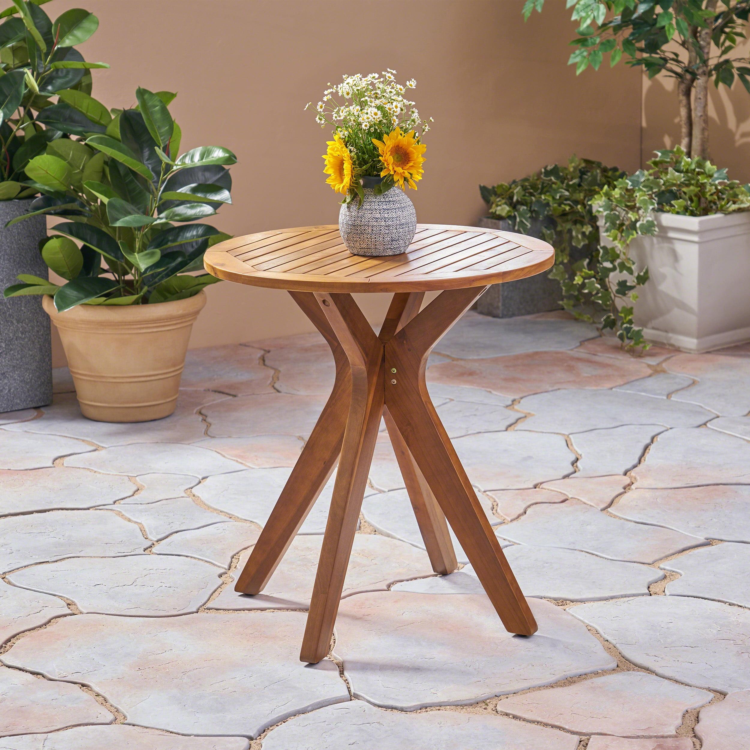 Teak Brown Round Acacia Wood Bistro Table with X Legs