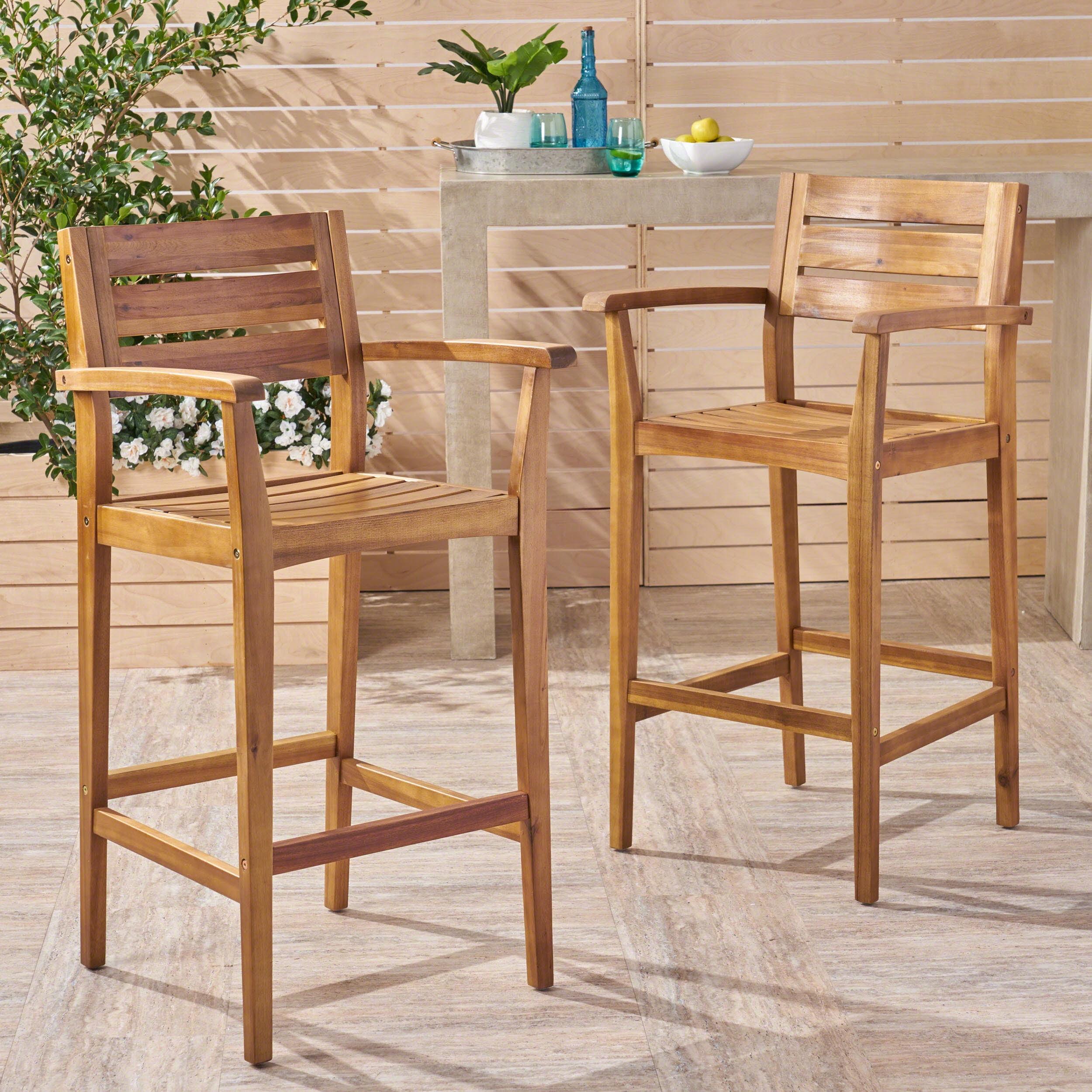 Rustic Acacia Wood Tapered-Leg Barstool, Teak Brown - Set of 2