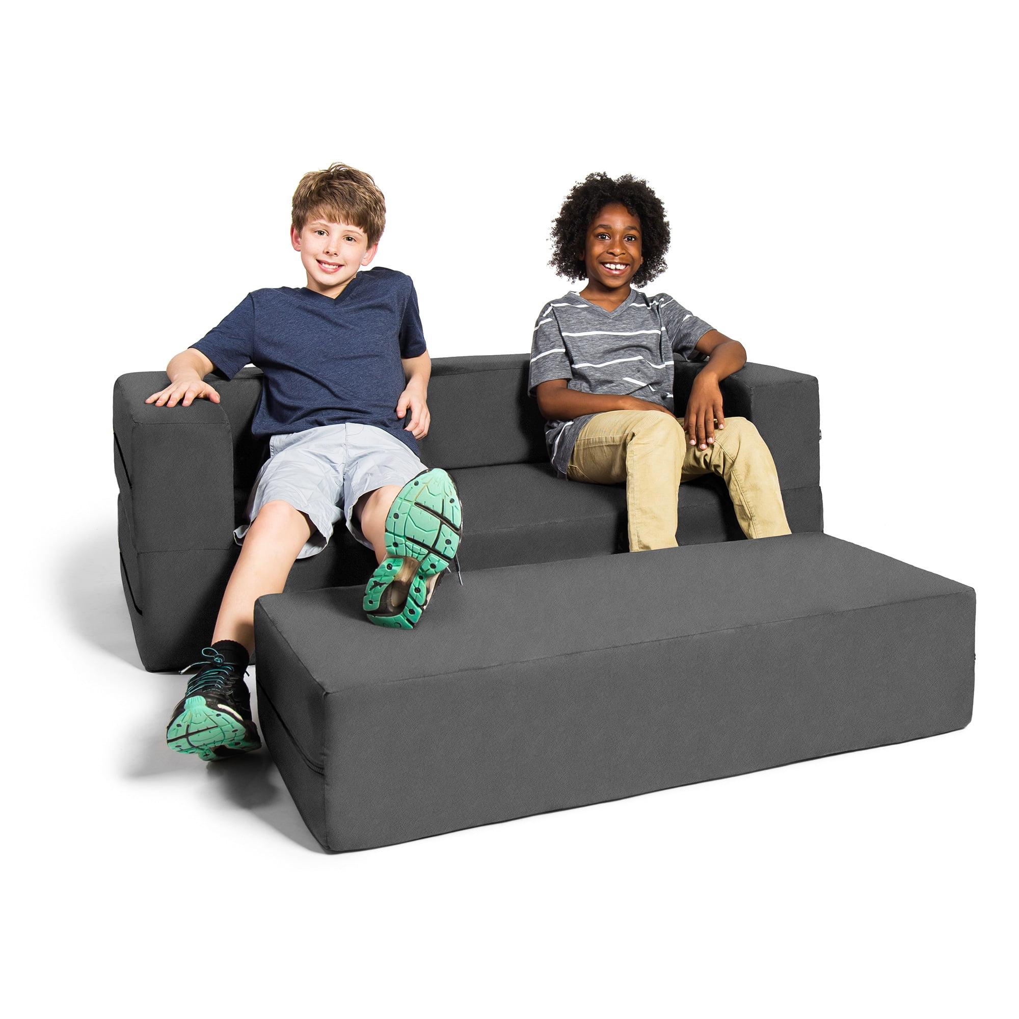 Jaxx Zipline Kids Sofa & Large Ottoman, 3 in 1 Fold Out Sofa, Big Kids Edition, Charcoal