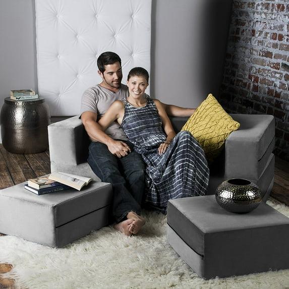 Jaxx Zipline Convertible Sleeper Loveseat & Ottomans, Textured Microvelvet - Dove Grey