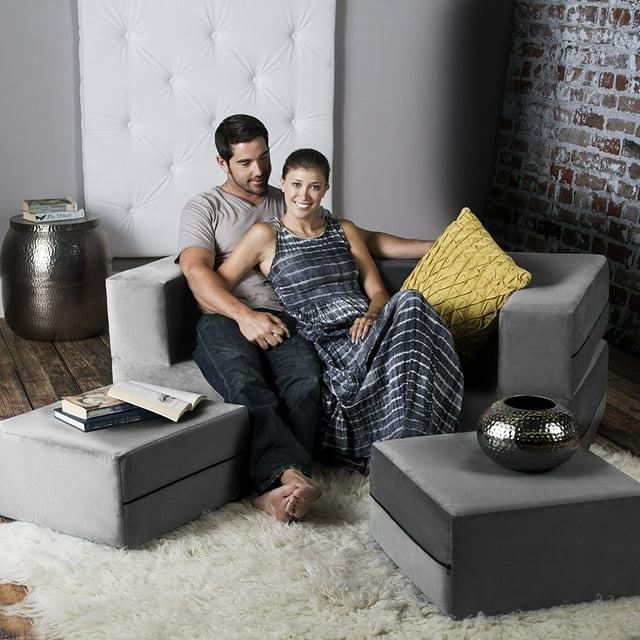 Jaxx Zipline Convertible Sleeper Loveseat & Ottomans, Textured Microvelvet - Dove Grey