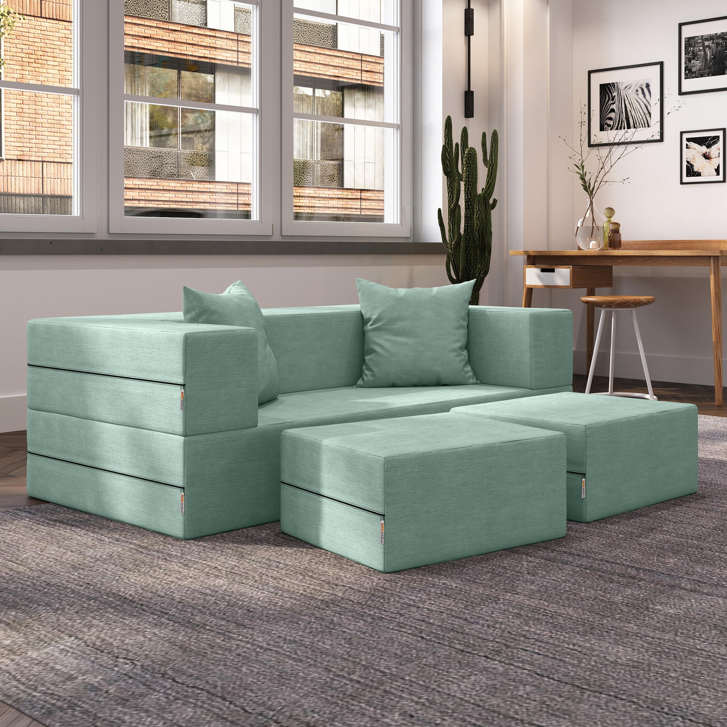 Jaxx Zipline Convertible Sleeper Loveseat & Ottomans, Textured Microvelvet - Dove Grey