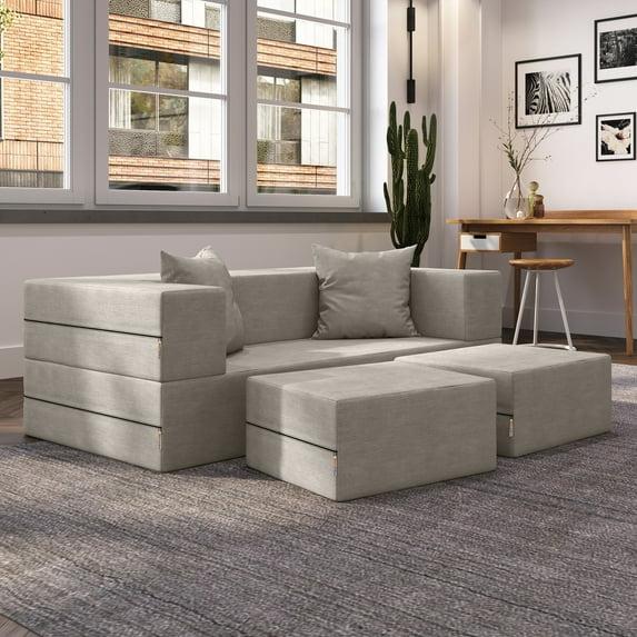 Jaxx Zipline Convertible Sleeper Loveseat & Ottomans, Textured Microvelvet - Moss