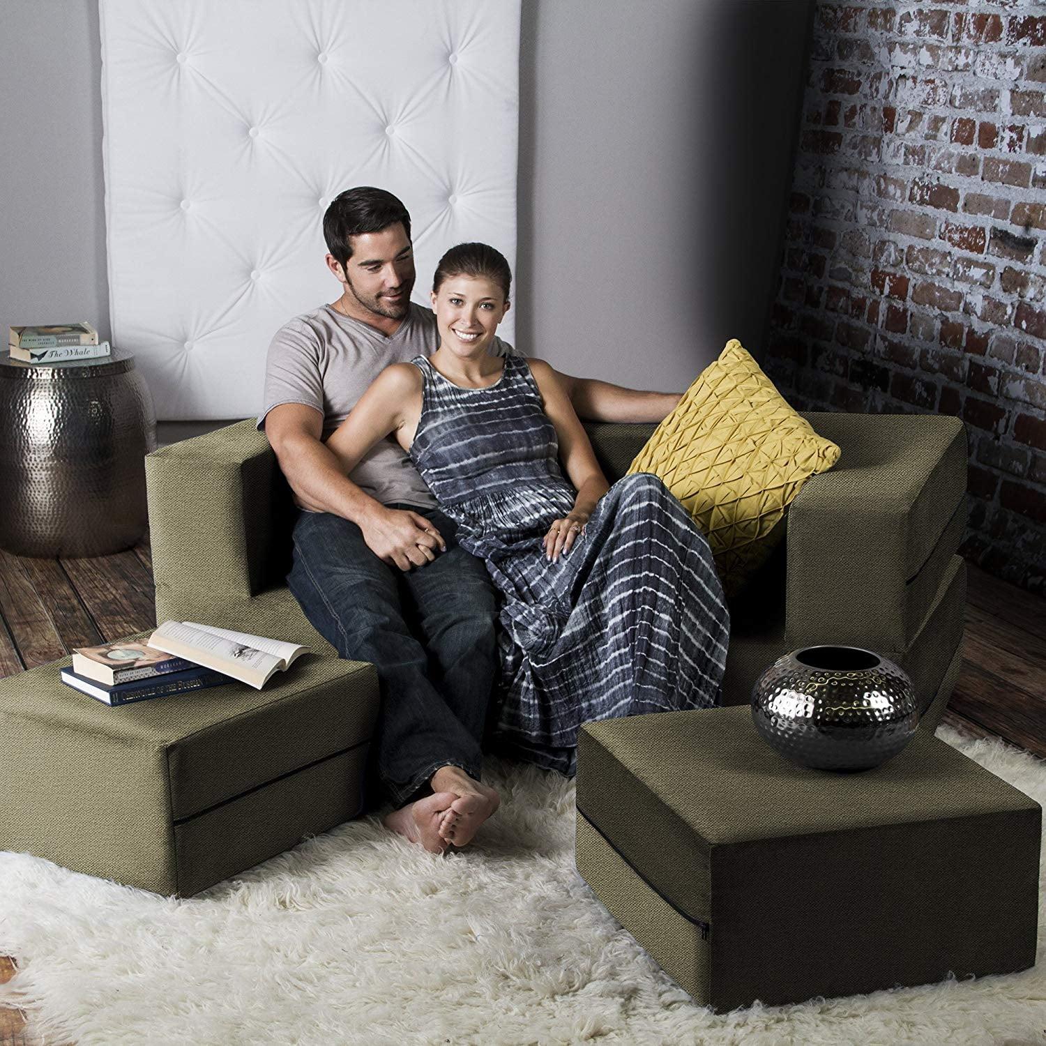 Jaxx Zipline Convertible Sleeper Loveseat & Ottomans, Textured Microvelvet - Moss