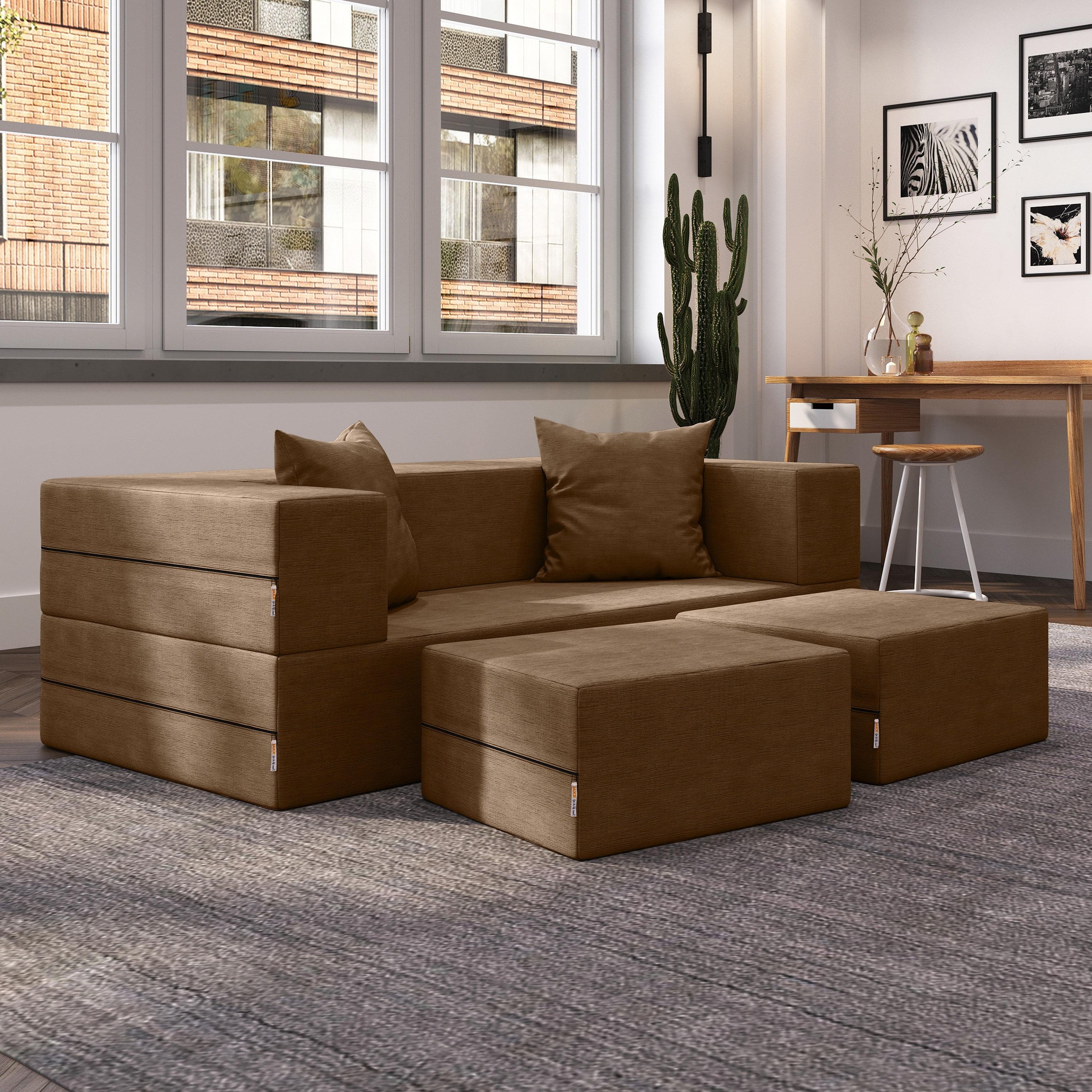 Jaxx Zipline Convertible Sleeper Loveseat & Ottomans, Textured Microvelvet - Toffee