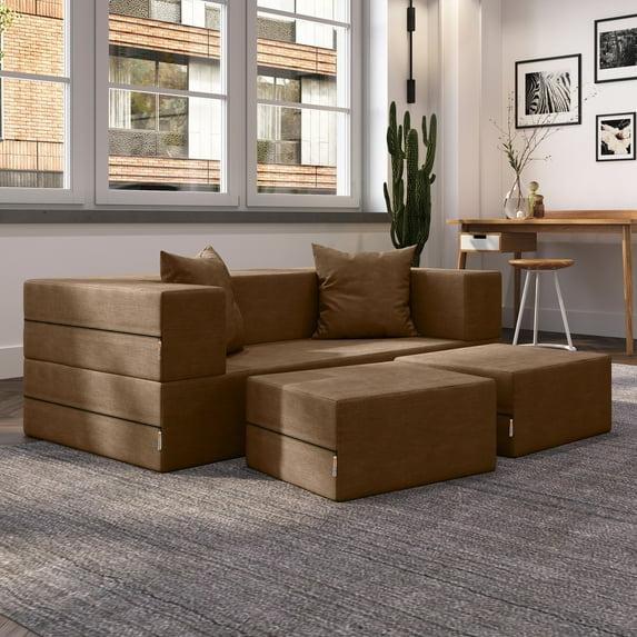 Jaxx Zipline Convertible Sleeper Loveseat & Ottomans, Textured Microvelvet - Toffee