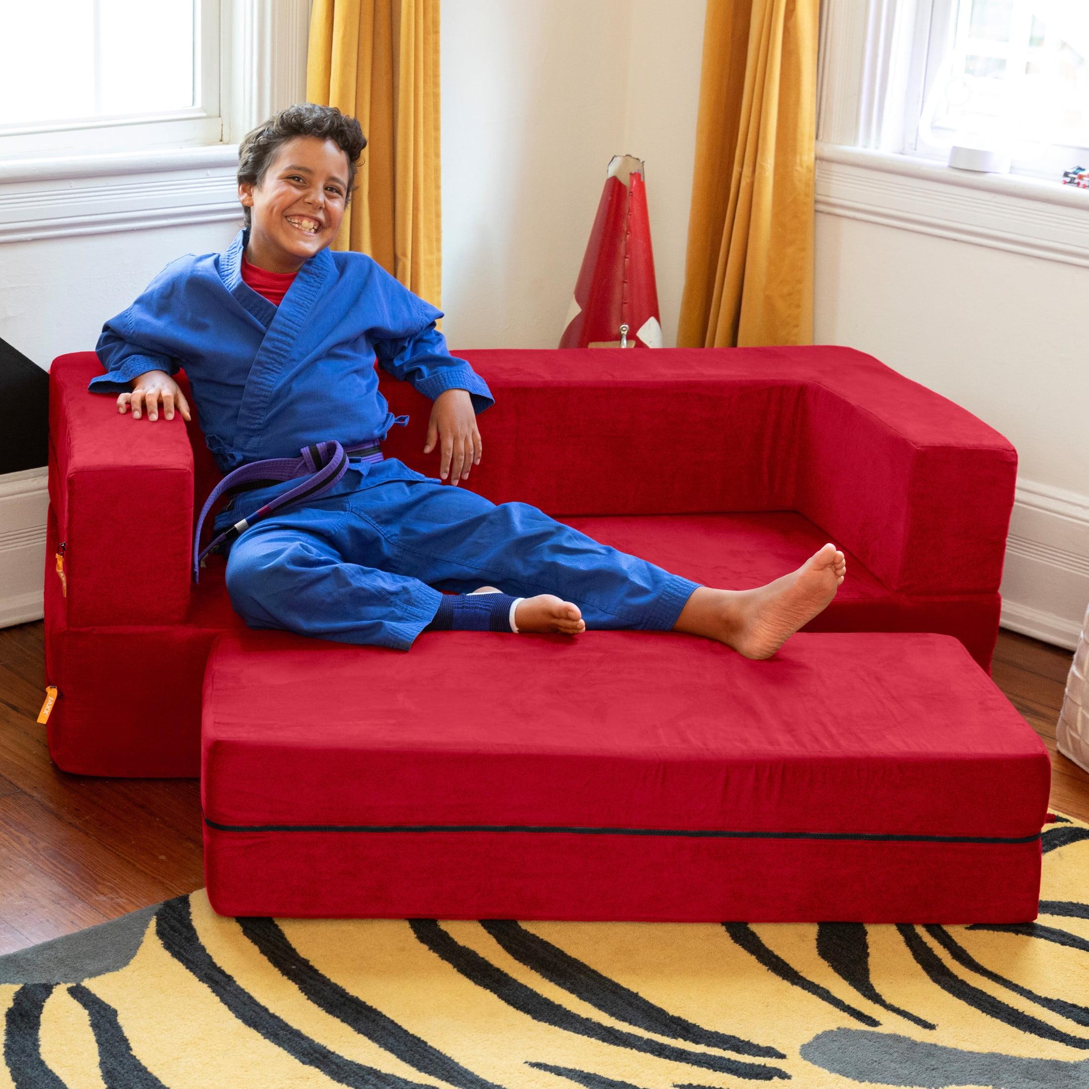 Jaxx Zipline Kids Sofa & Large Ottoman, 3 in 1 Fold Out Sofa, Big Kids Edition, Cherry