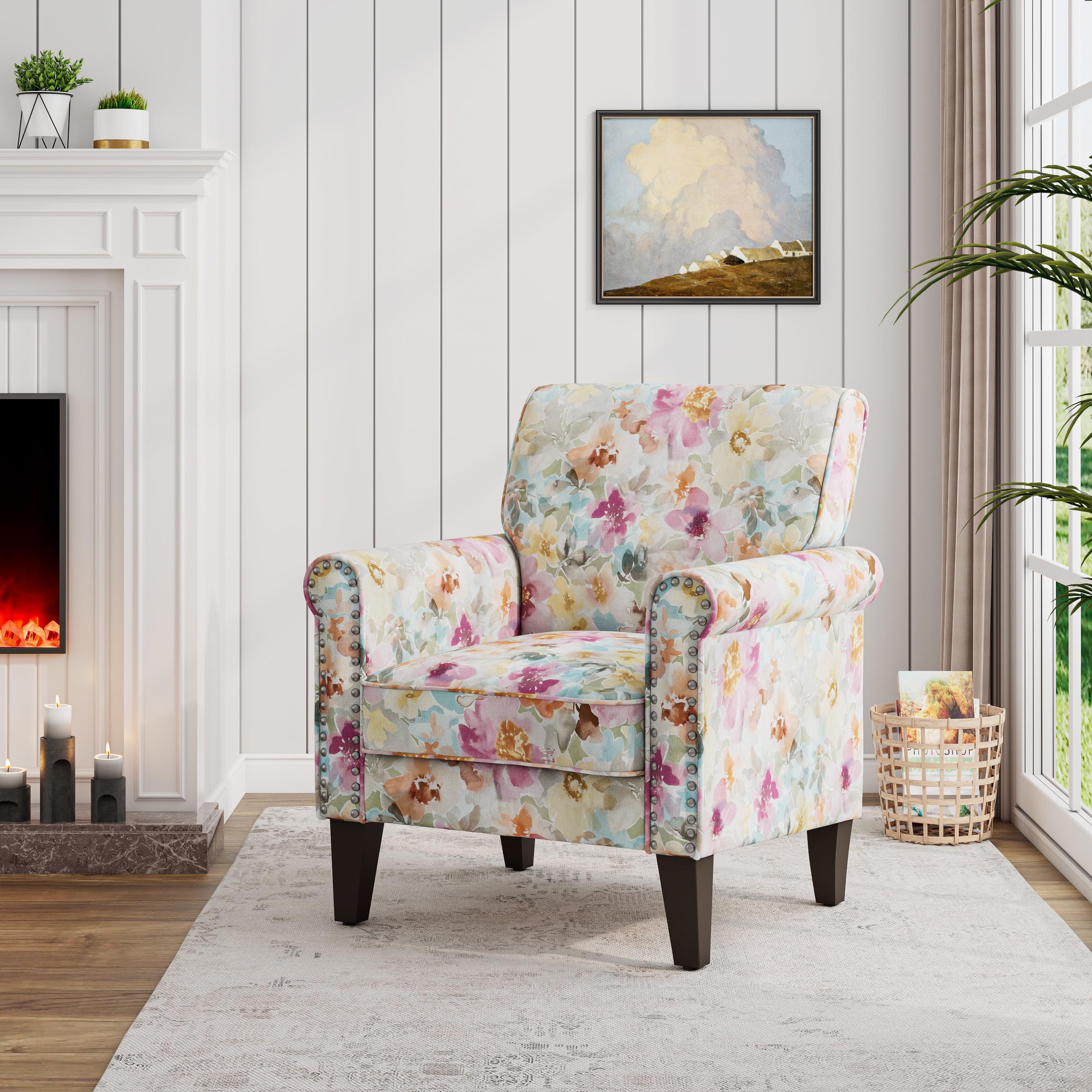 Pastel Pink Floral Rolled Arm Accent Chair with Nailhead Trim