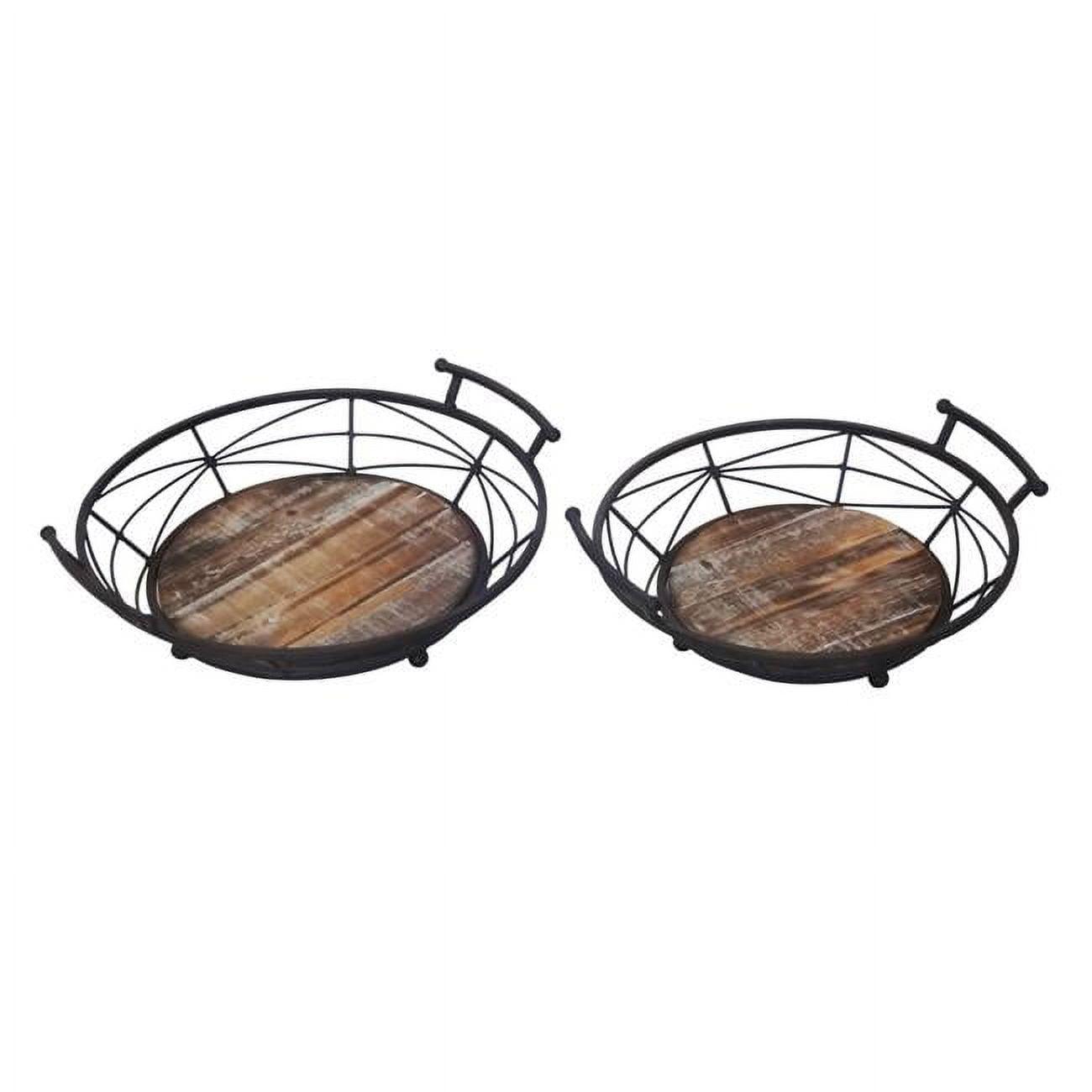 Rustic Aged Wood & Forged Metal Round Serving Tray Set, Black and Brown