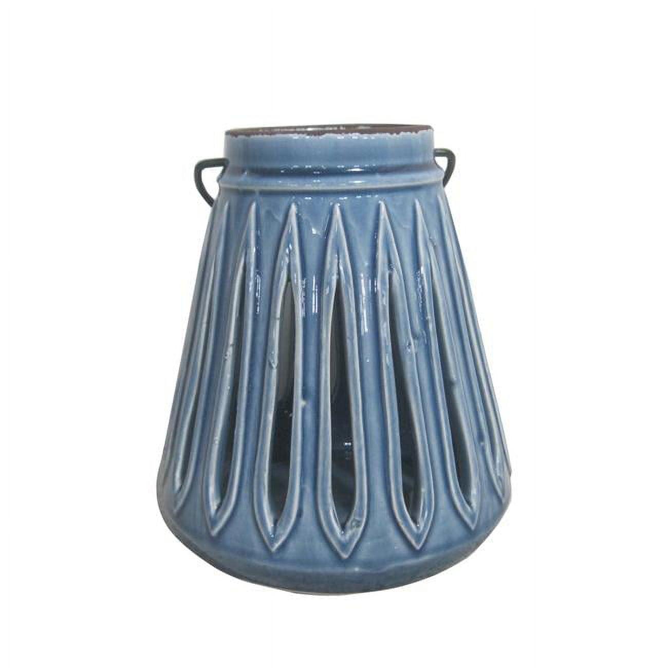 Circular Blue Ceramic Candle Holder with Wire Handle