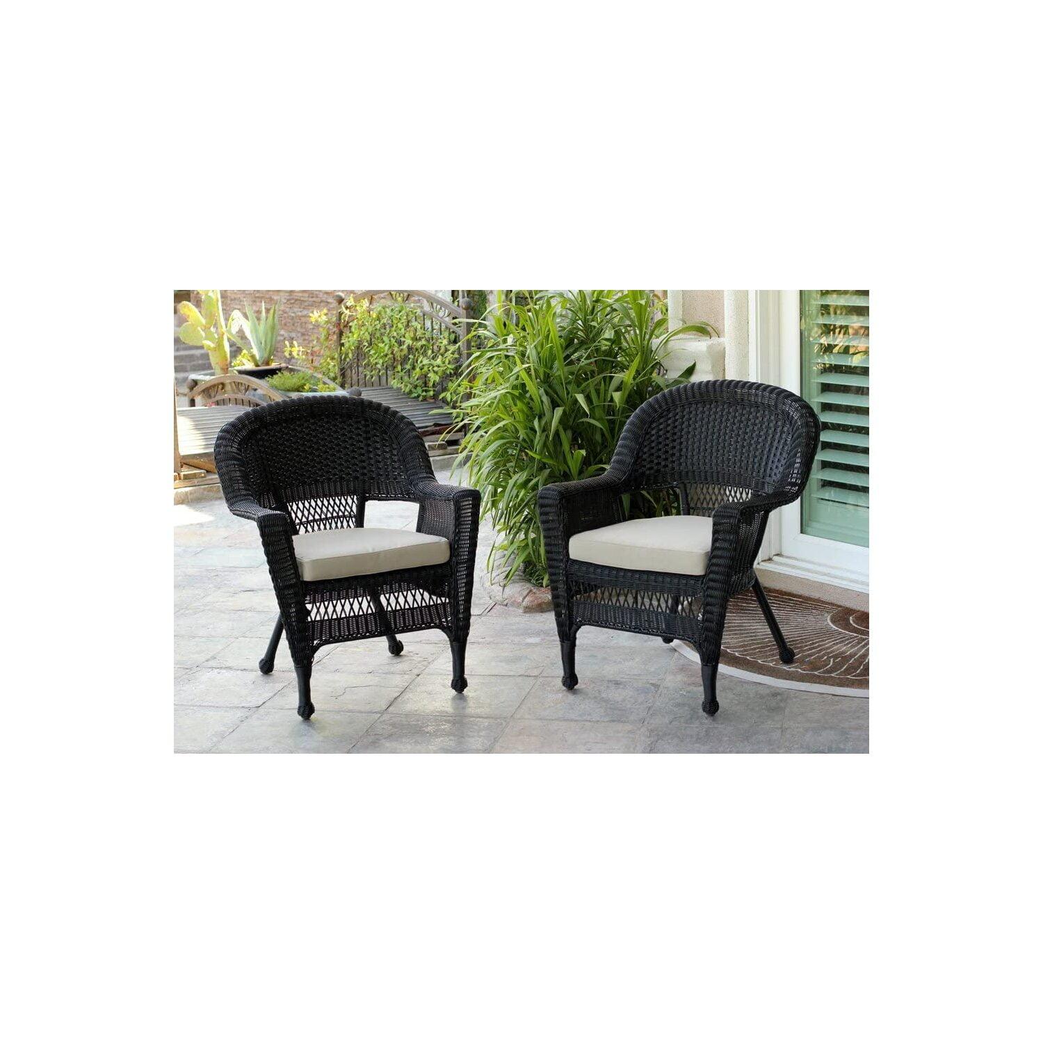 Black Wicker Outdoor Lounge Chairs with Tan Cushions, Set of 2