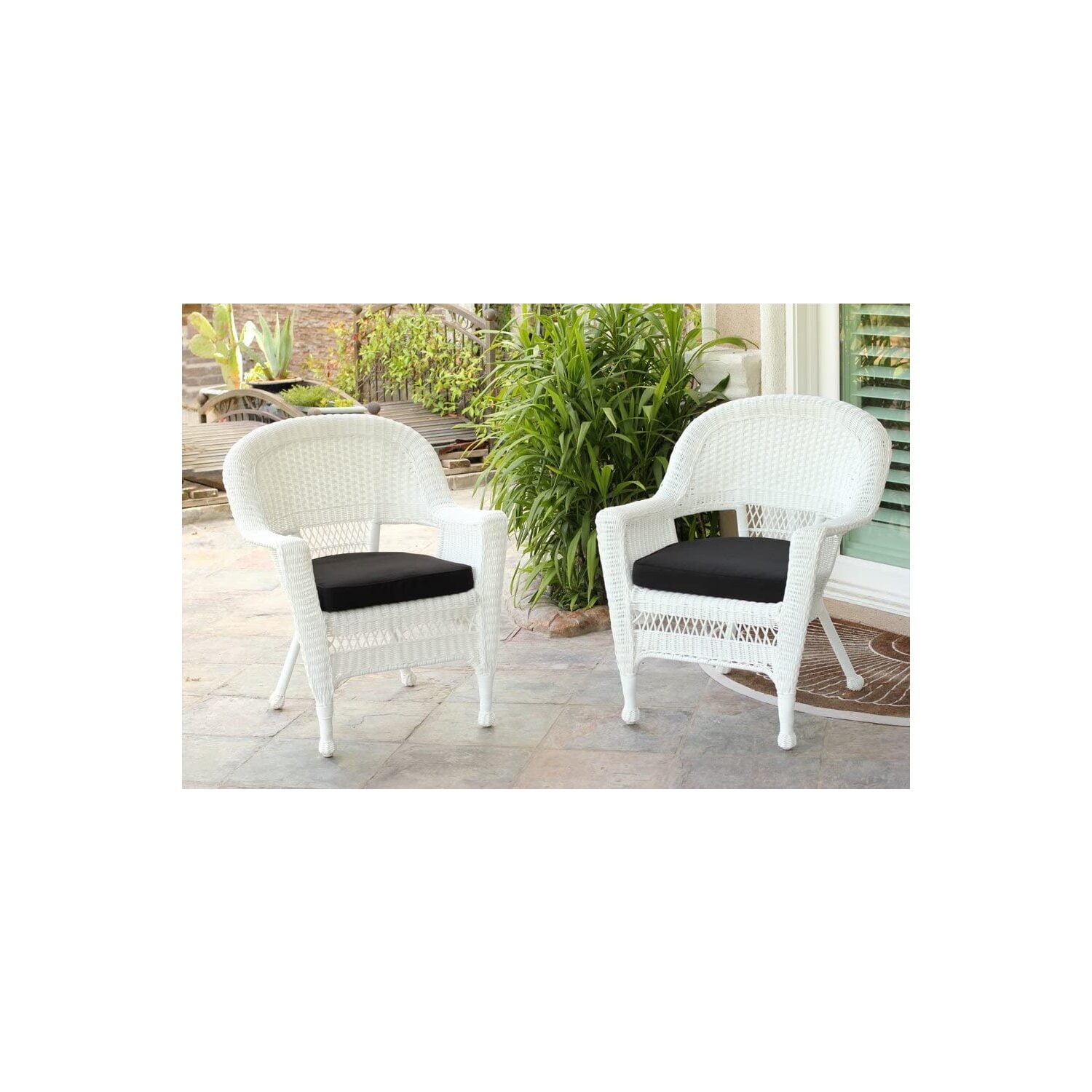 White Resin Wicker Chairs with Black Cushions, Set of 2