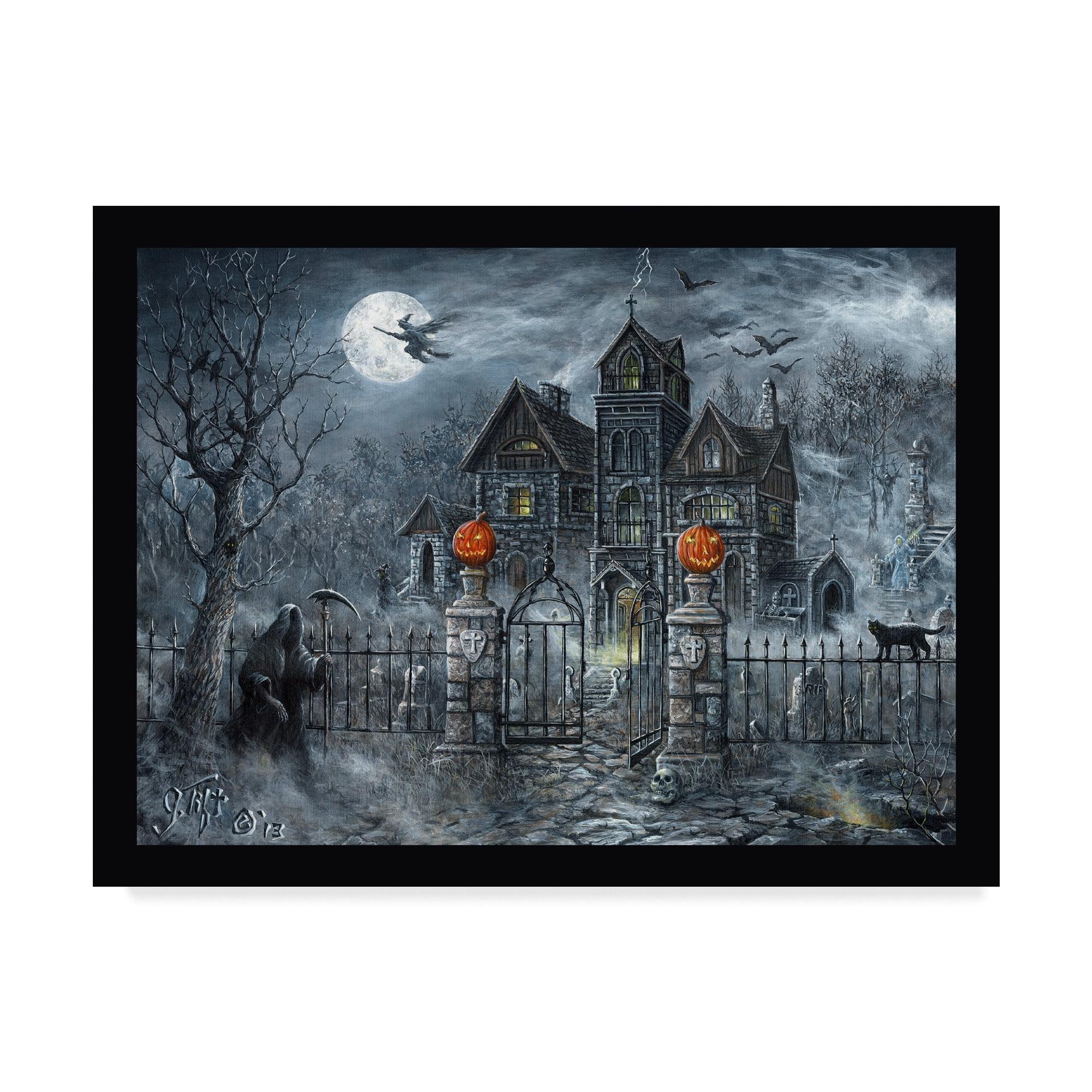 Haunted Mansion Halloween Landscape Canvas Art in Black Frame