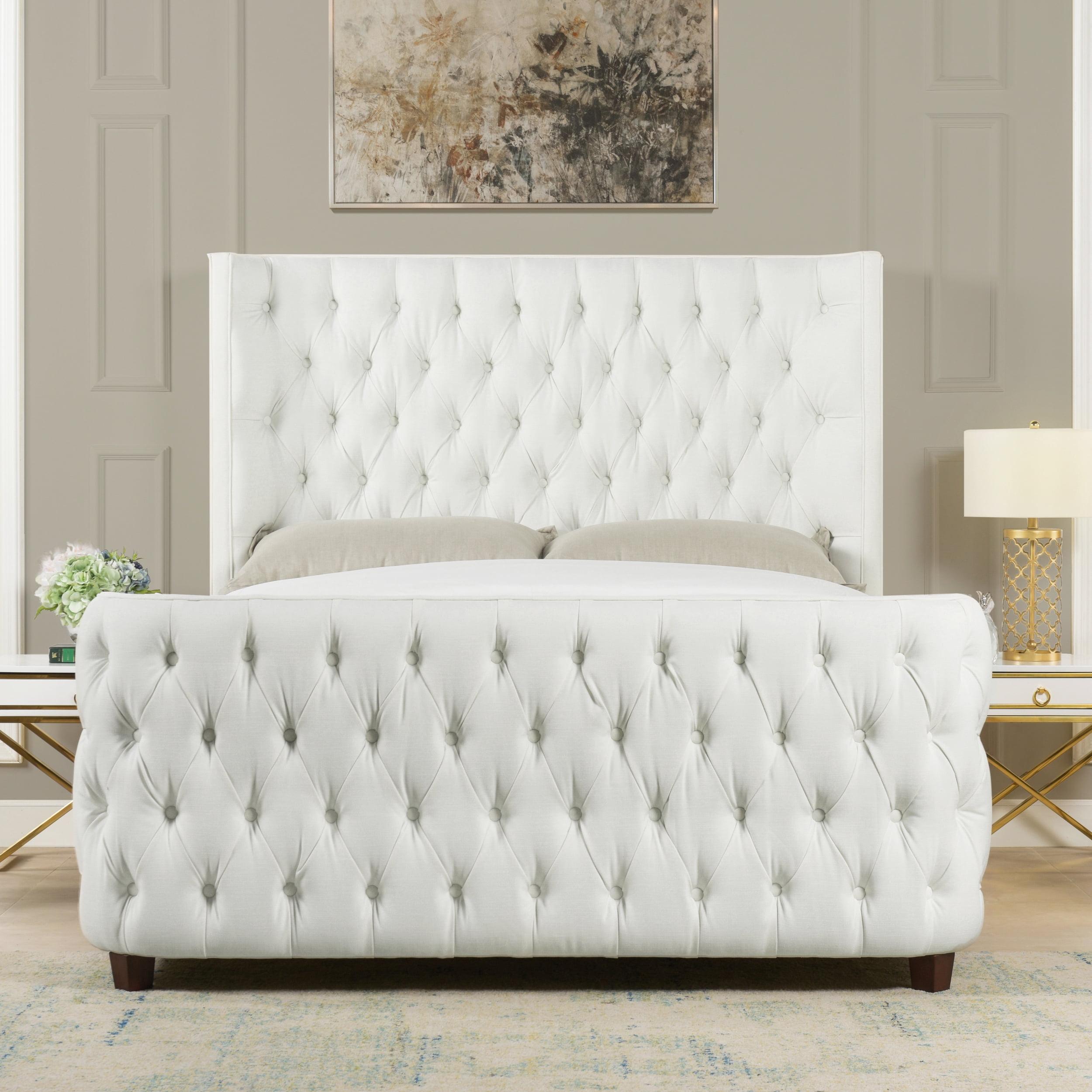 Elegant Beige Queen Upholstered Bed with Tufted Nailhead Trim