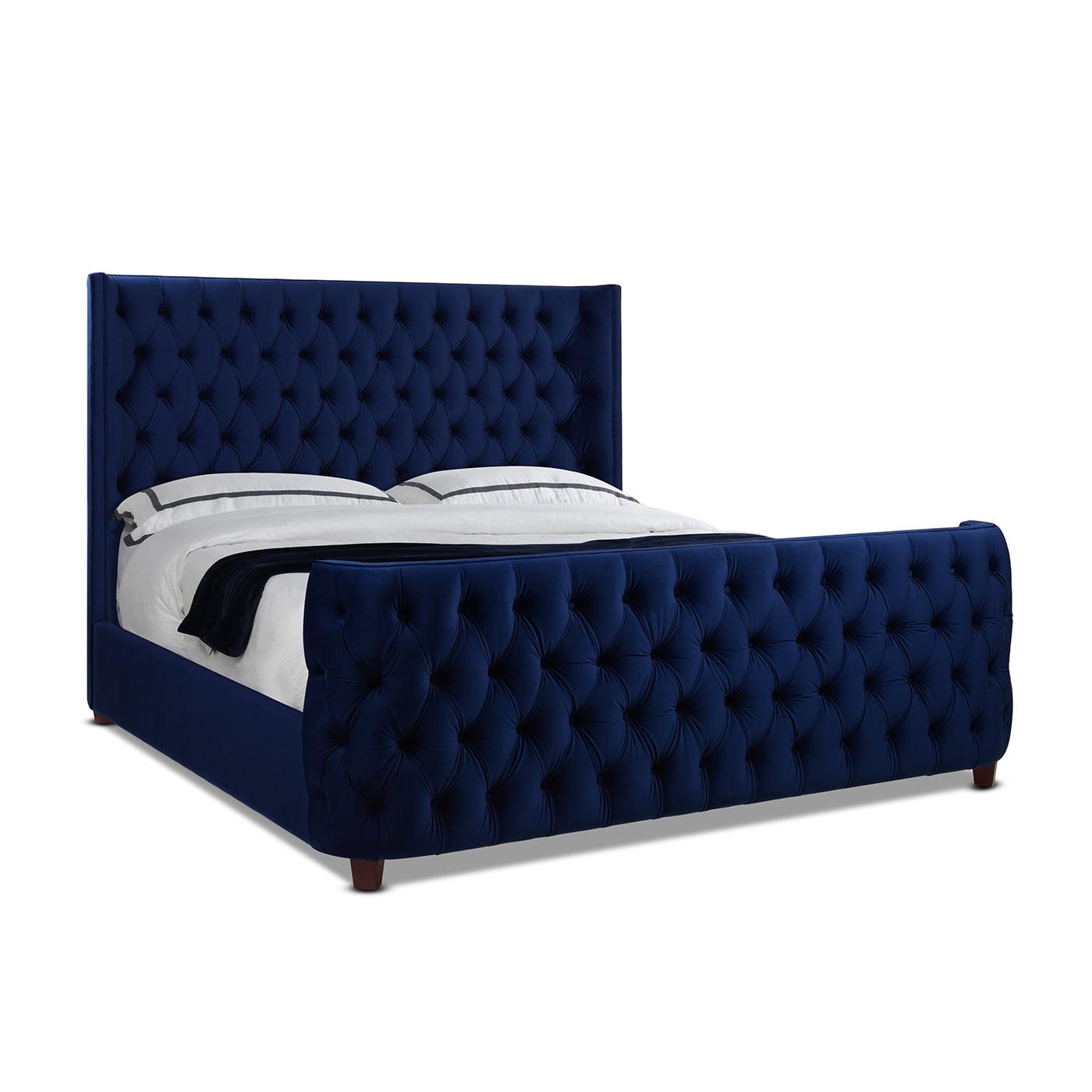 King-Sized Navy Blue Velvet Upholstered Bed with Tufted Headboard and Nailhead Trim