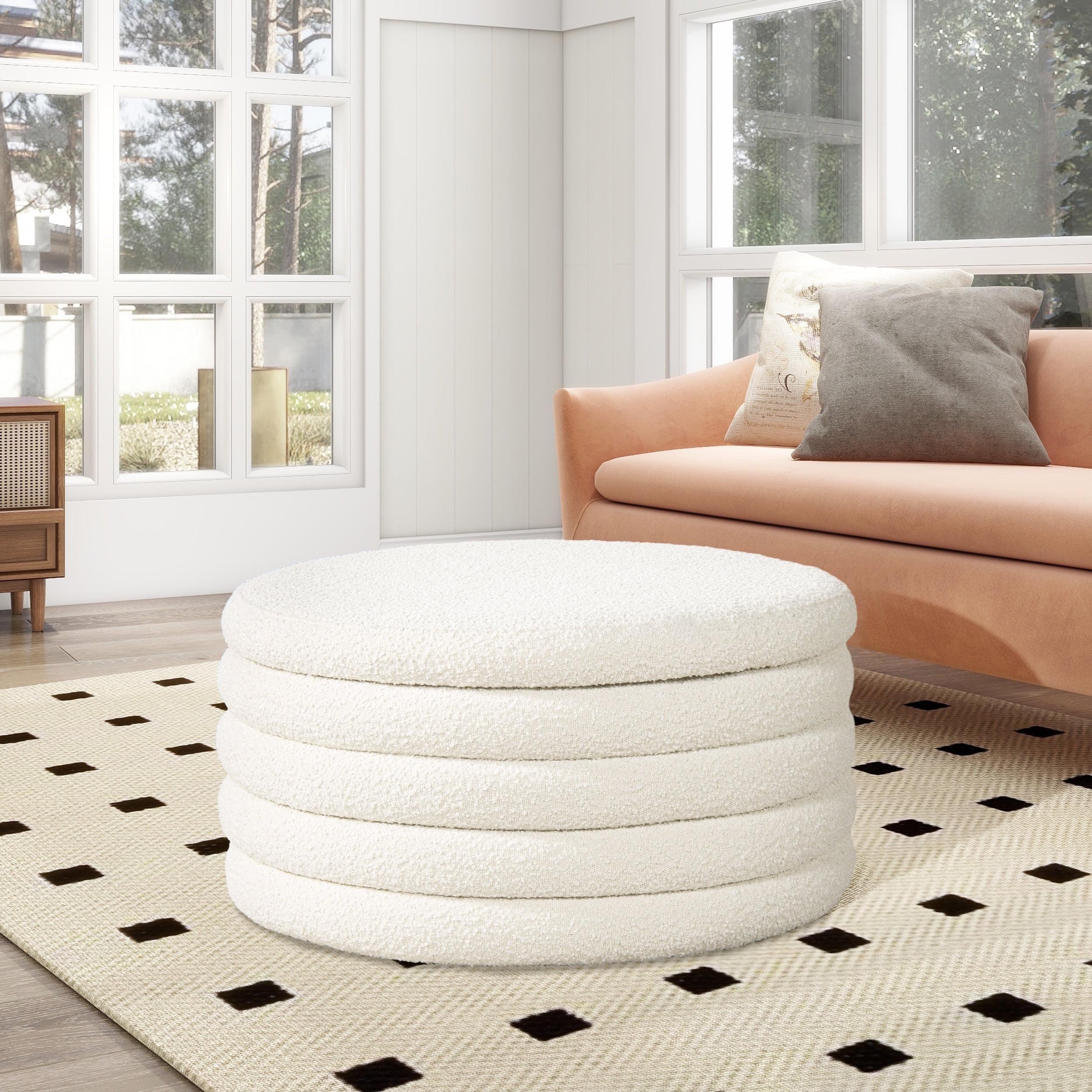 Ivory White Boucle Tufted Round Cocktail Ottoman with Storage