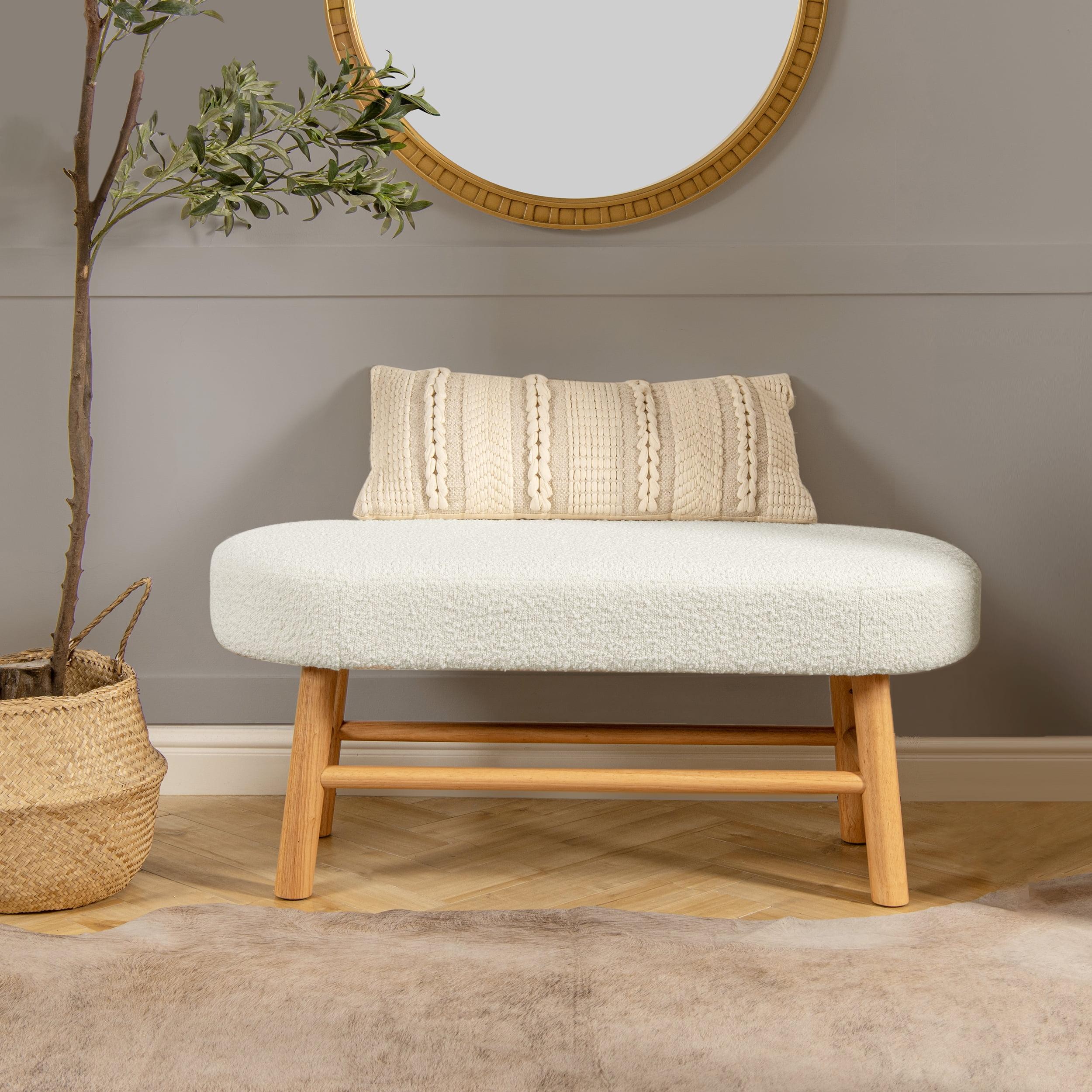 Ivory White Boucle Upholstered Bedroom Bench with Natural Wood Legs