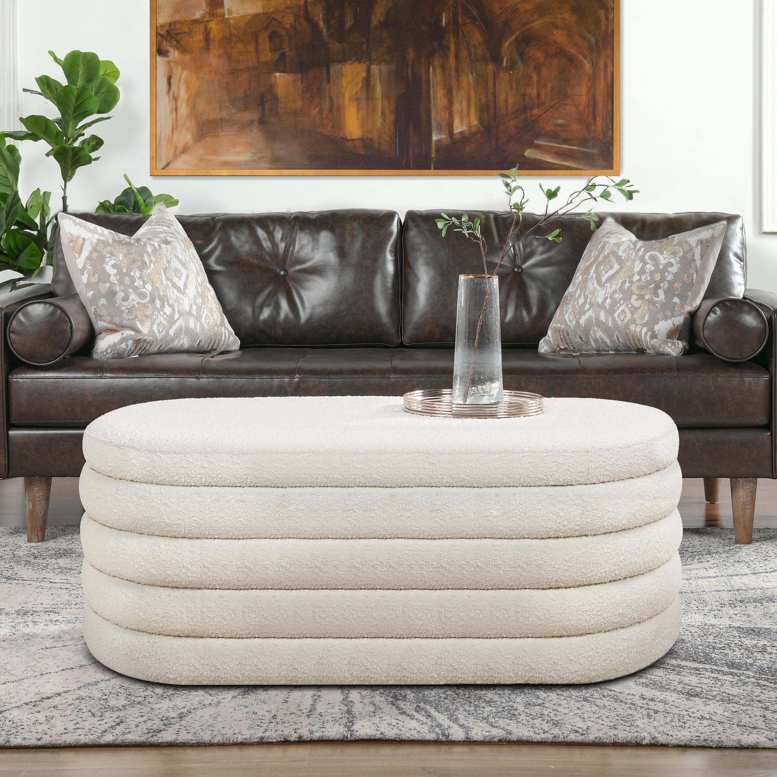 Jennifer Taylor Home Fuji 49" Upholstered Oval Storage Bench, Ivory White Boucle