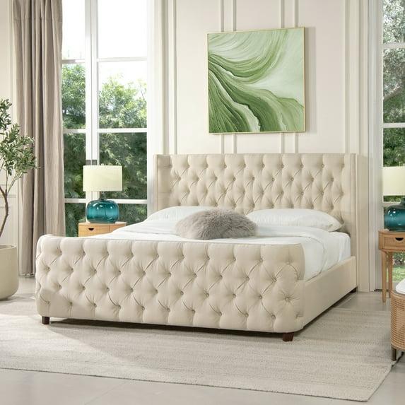 Jennifer Taylor Home Geneva Curved Wing Upholstered Platform Bed Frame, King, Light Beige Linen