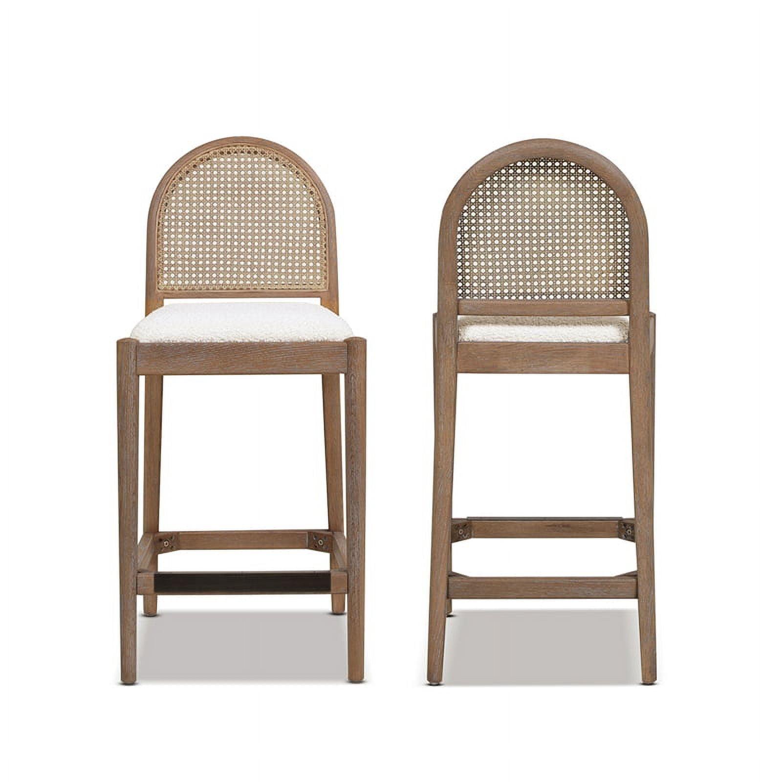 Ivory White Boucle and Oak Curved Bar Stools, Set of 2