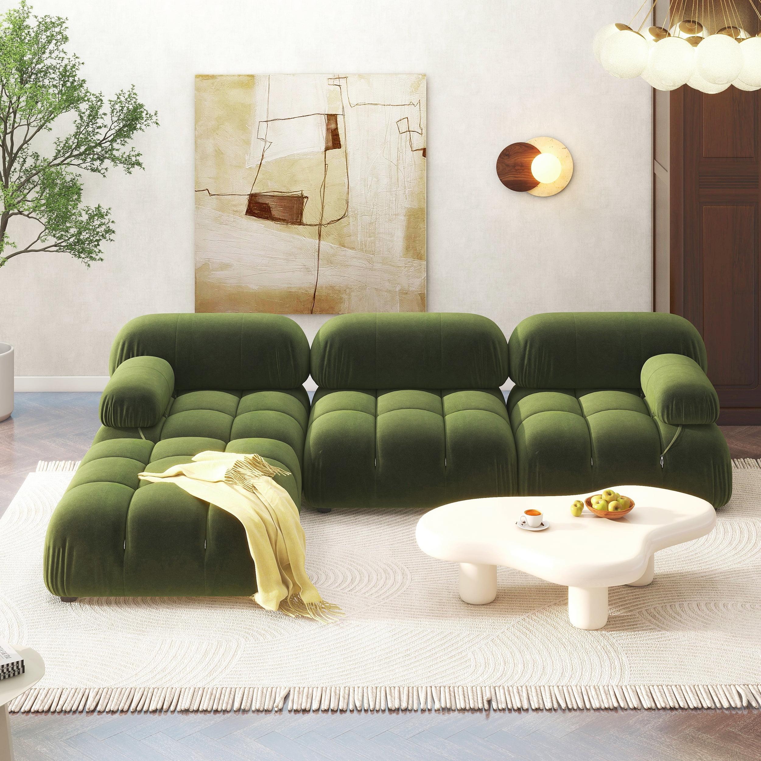 Olive Green Velvet Tufted 4-Piece Modular Sectional Sofa