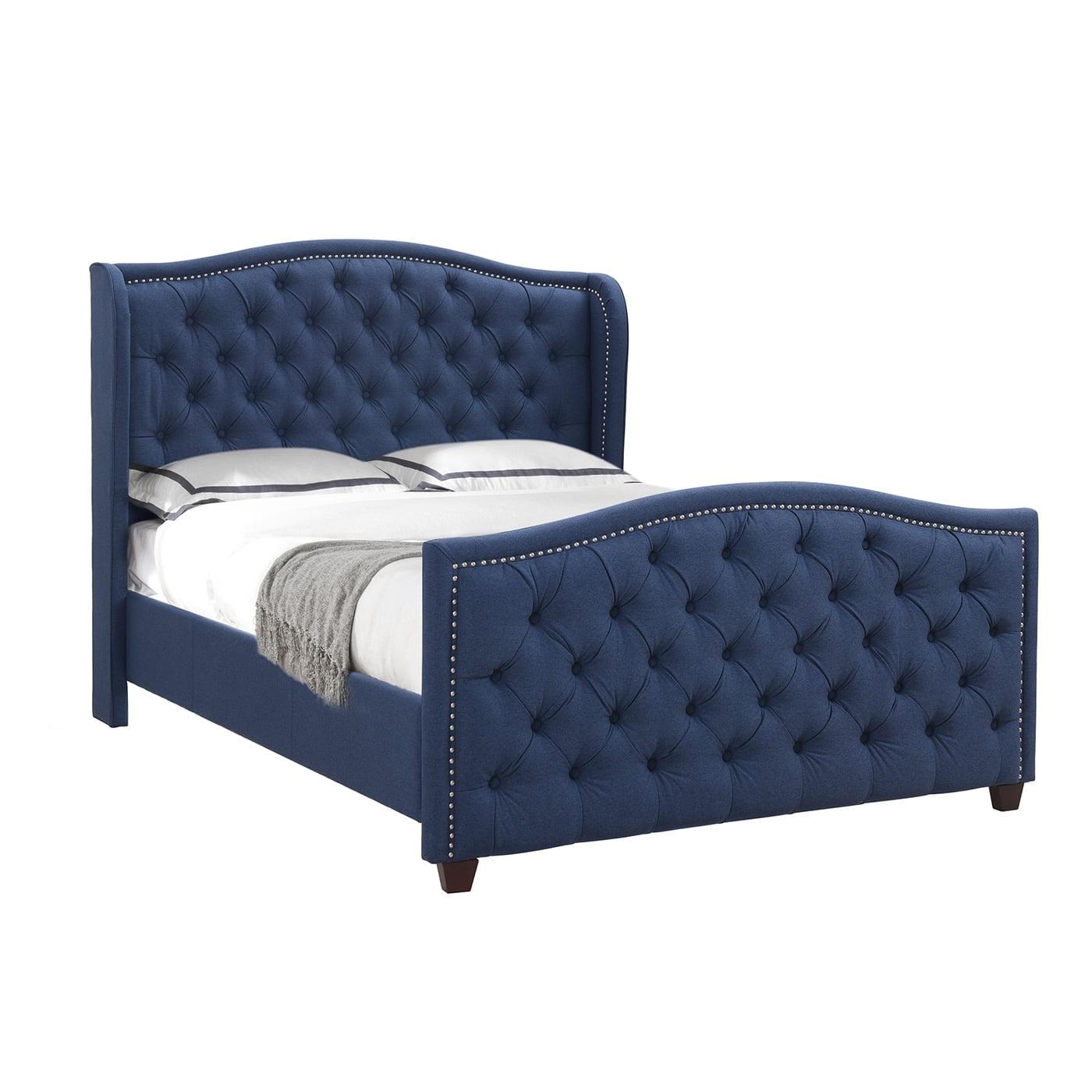 Marcella King-Size Dark Sapphire Blue Tufted Wingback Bed with Nailhead Trim