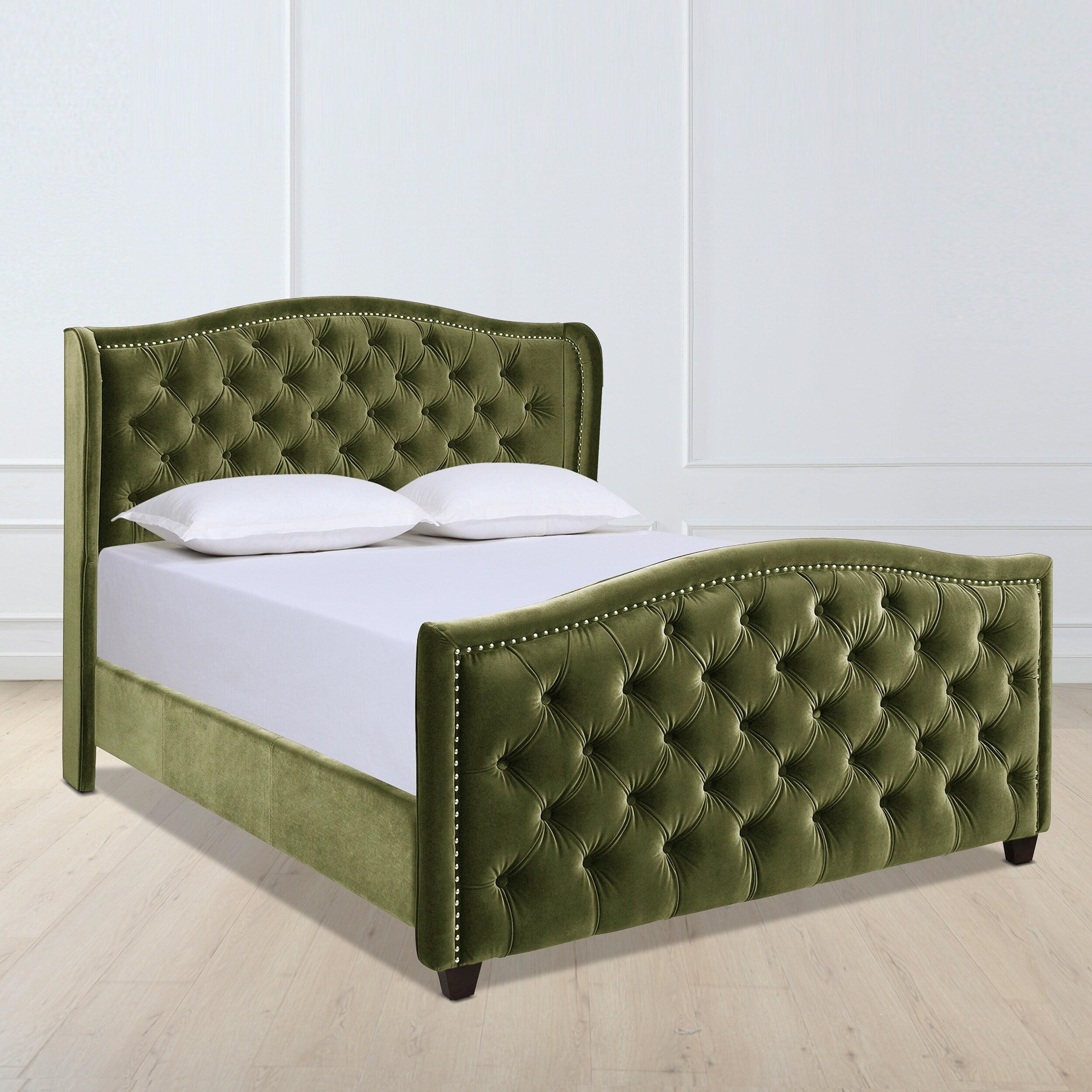 Elegant Olive Green Velvet Queen Bed with Nailhead Trim