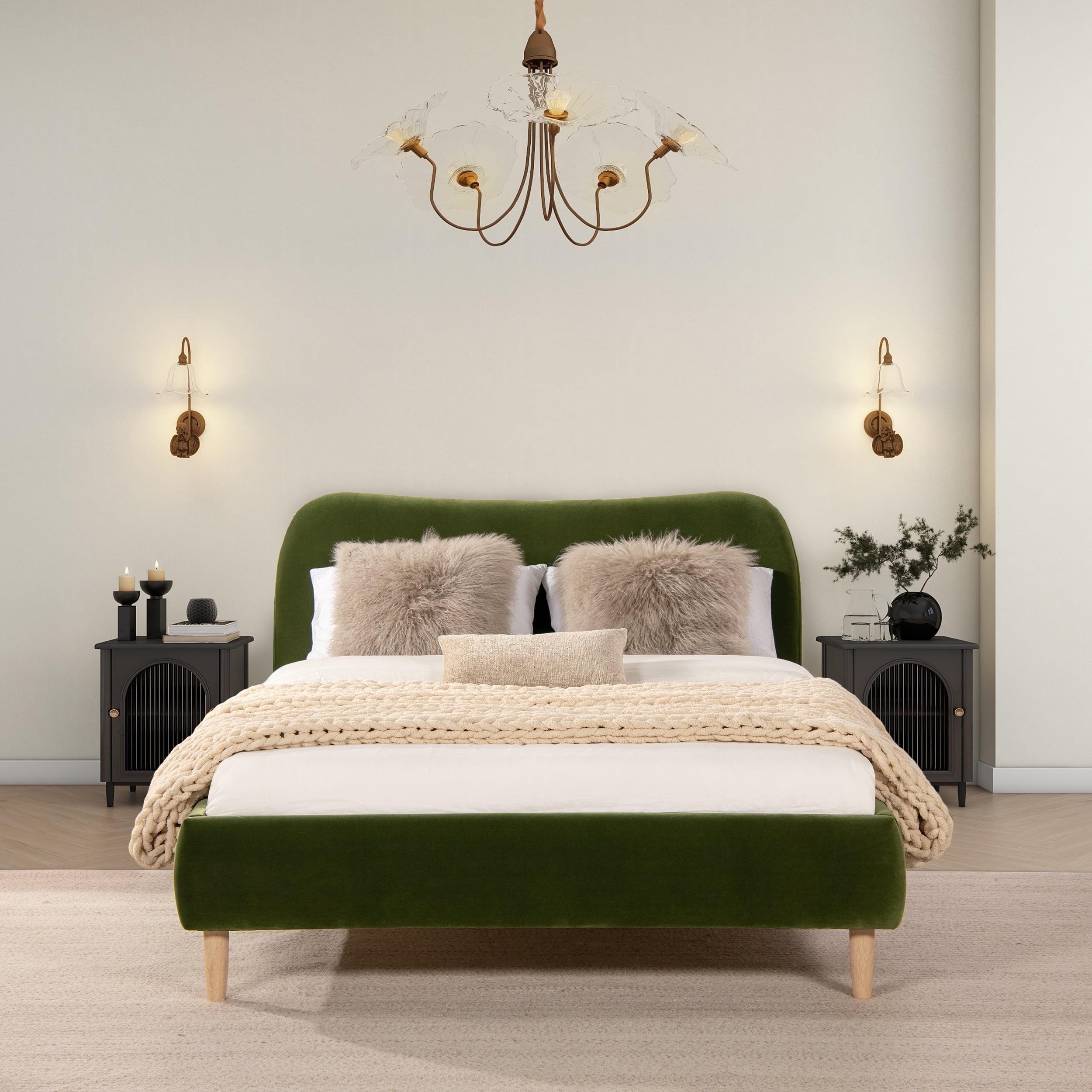 Queen Olive Green Velvet Upholstered Platform Bed with Pine Frame