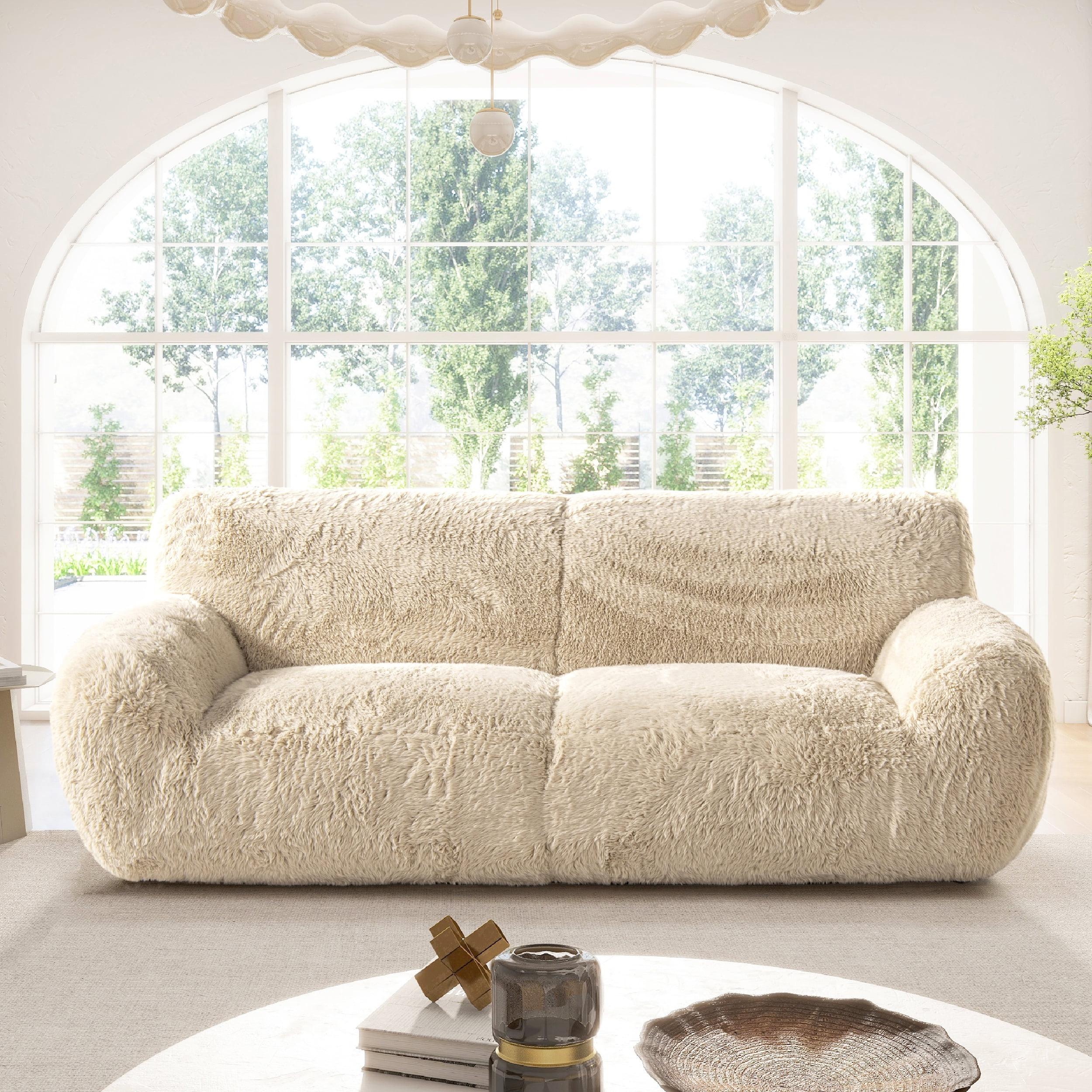 Summit 83" Faux Sheepskin Overstuffed Sofa Cream Beige