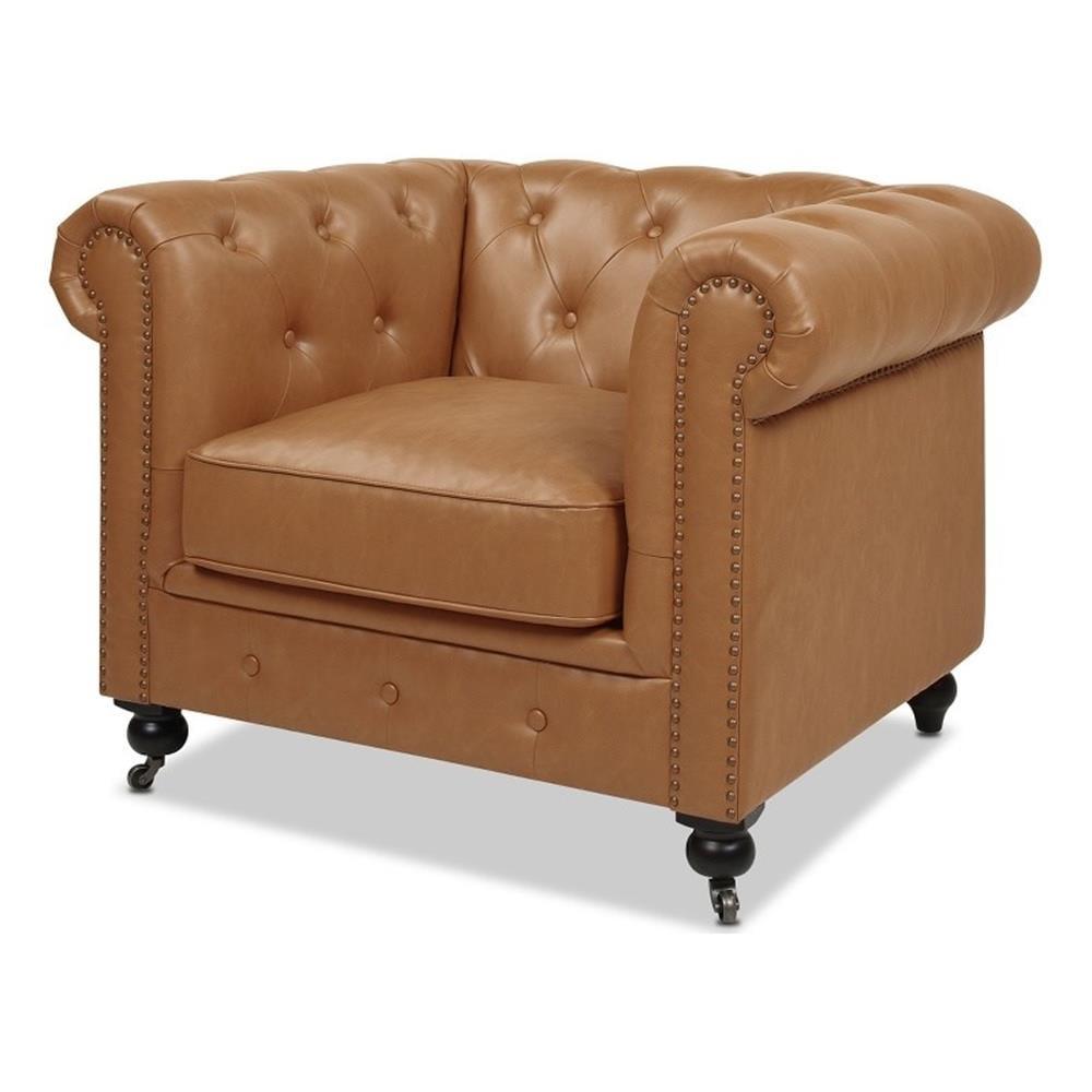 Caramel Tan Faux Leather Chesterfield Accent Chair with Wood Legs