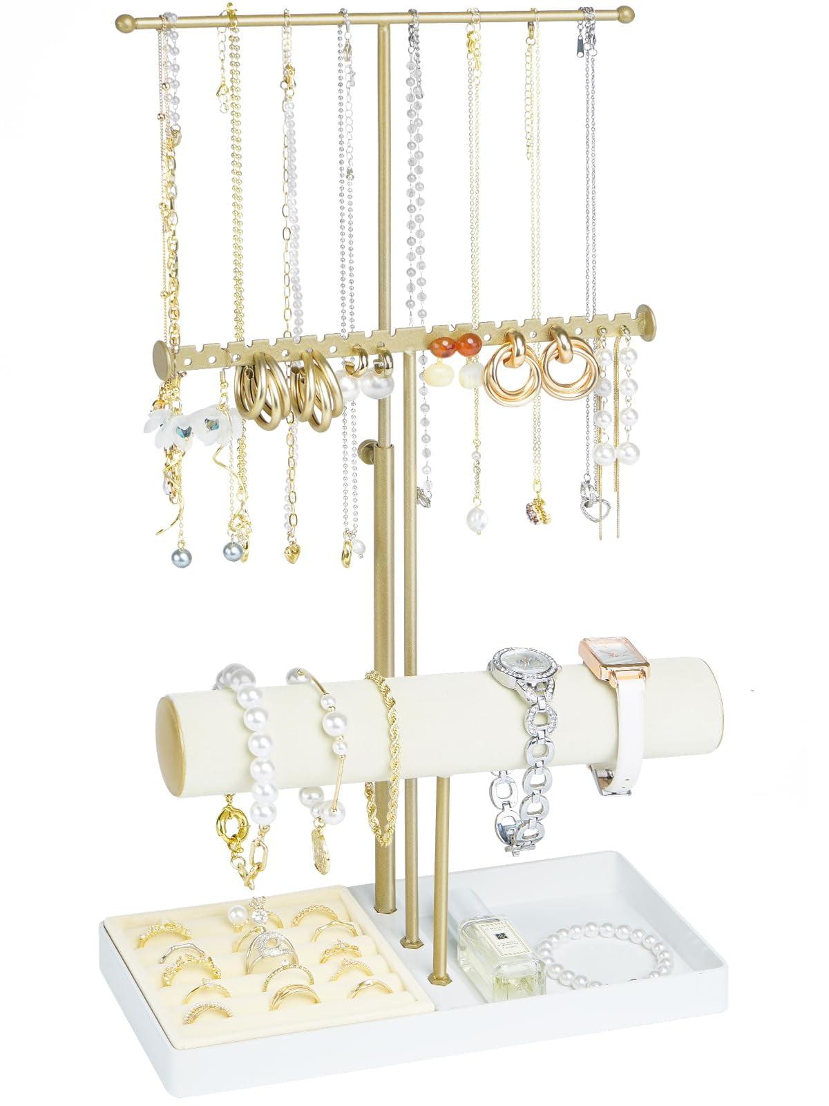 Jenseits Jewelry Organizer Stand Necklace Holder Organizer, 3-Tier Earrings Organizer w/Bracelet Storage Display & Velvet Ring Tray, Cute Metal Aesthetic Jewelry Tower Rack for Women Girls - Gold C49