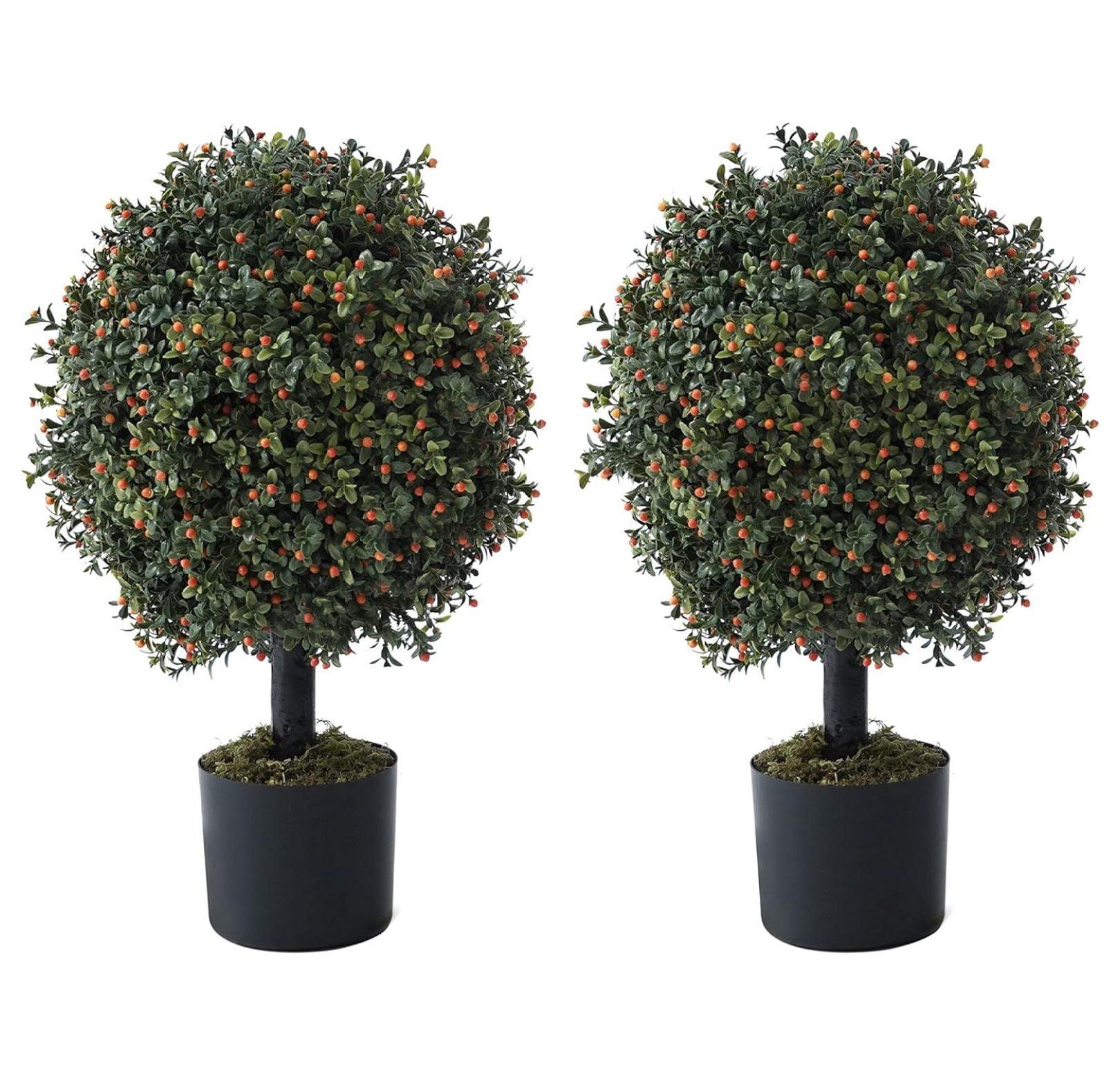 JepoIA Artificial Boxwood Topiary Tree Set of 2, Artificial UV Resistant Bushes, Faux Potted Tree, Plant in Pot w/Dried Moss, Fake Shrubs for Indoor, Front Porch, Outdoor, w/Orange Flower