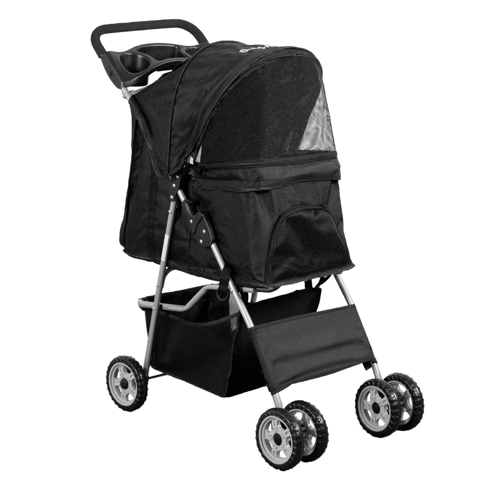 Black Foldable 4-Wheel Pet Stroller with Mesh Windows