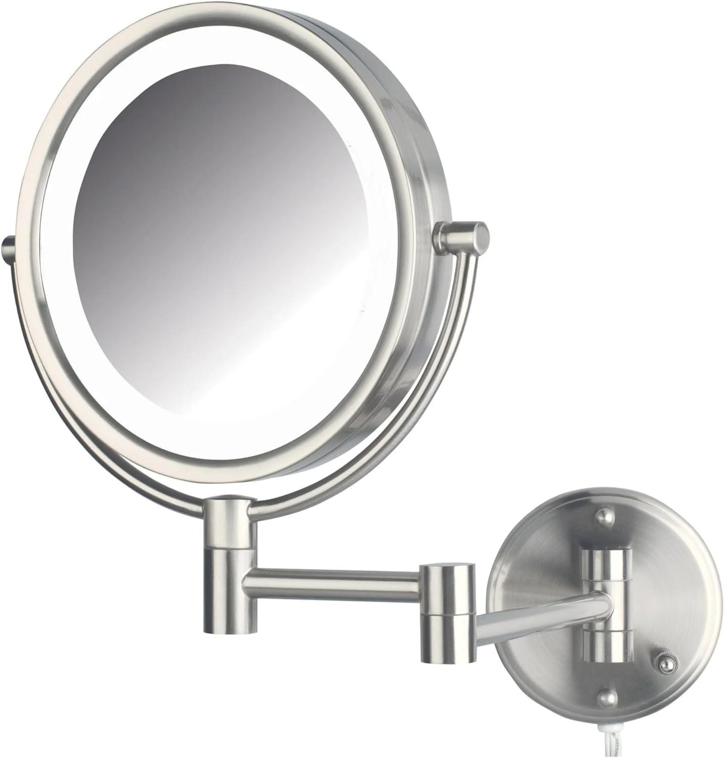 Jerdon Wall-Mounted Makeup Mirror with LED lighting - 8.5" Round Mirror Frame - 8X Magnification - Nickel Finish - Plug in - Model HL88NL