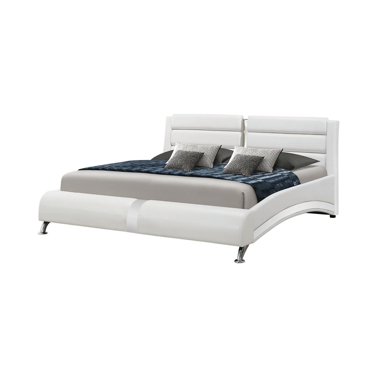 Sleek Chrome-Accented California King Bed with White Faux Leather Upholstery