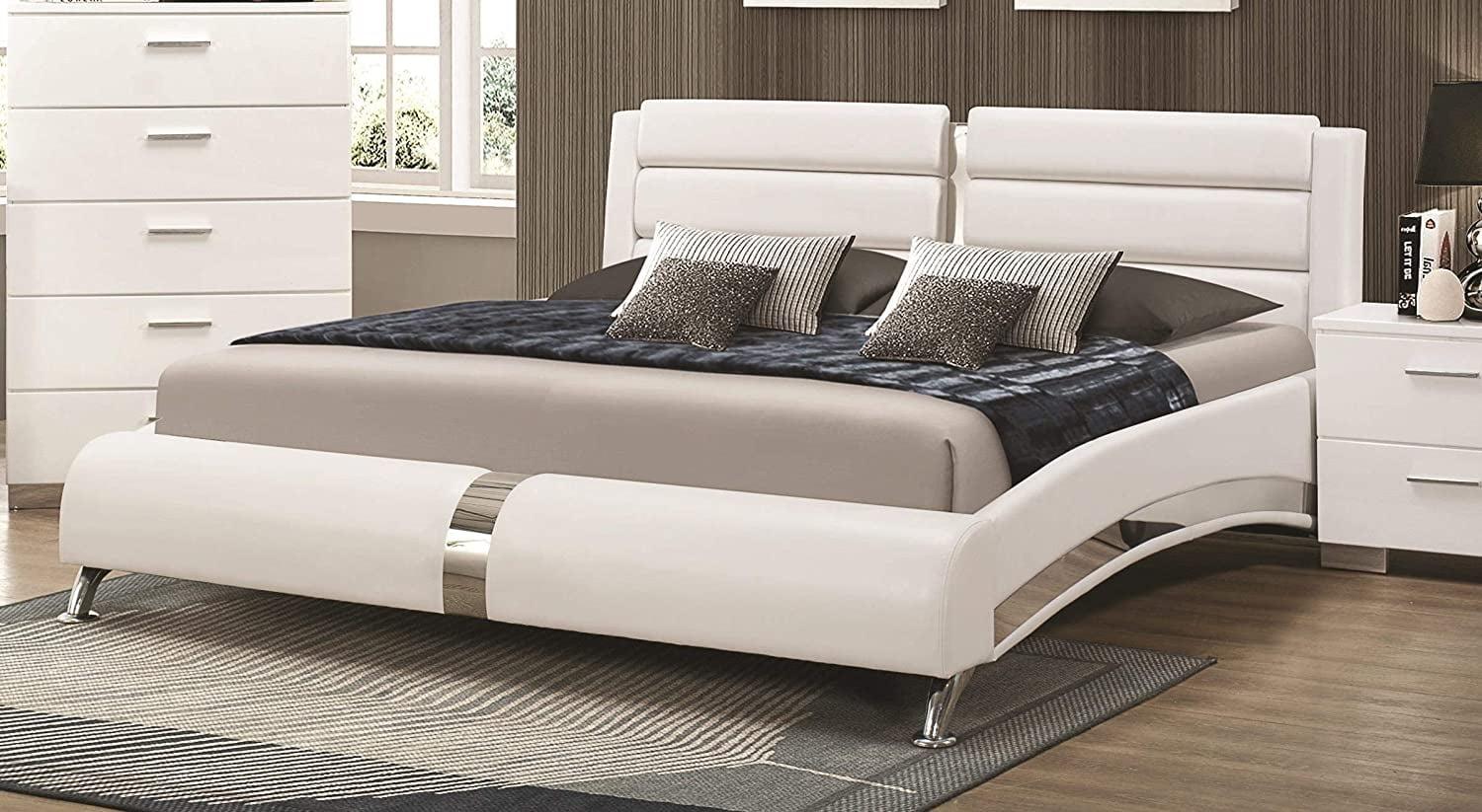 Sleek Eastern King White Faux Leather Bed with Chrome Accents