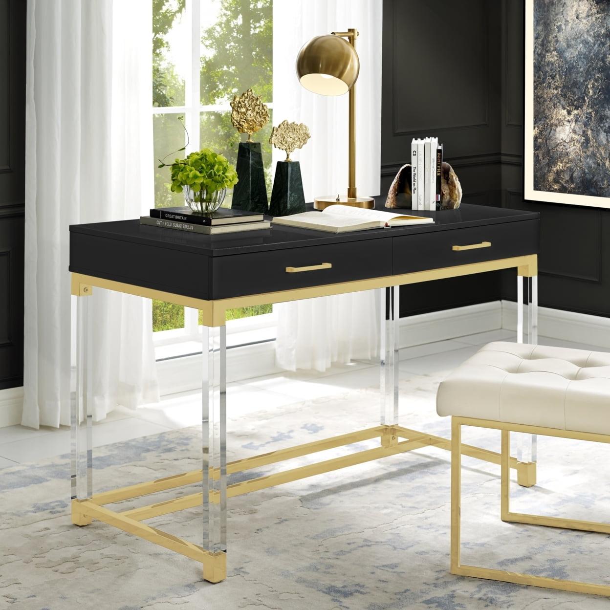 Elegant Black High Gloss Writing Desk with Acrylic Legs and Drawers