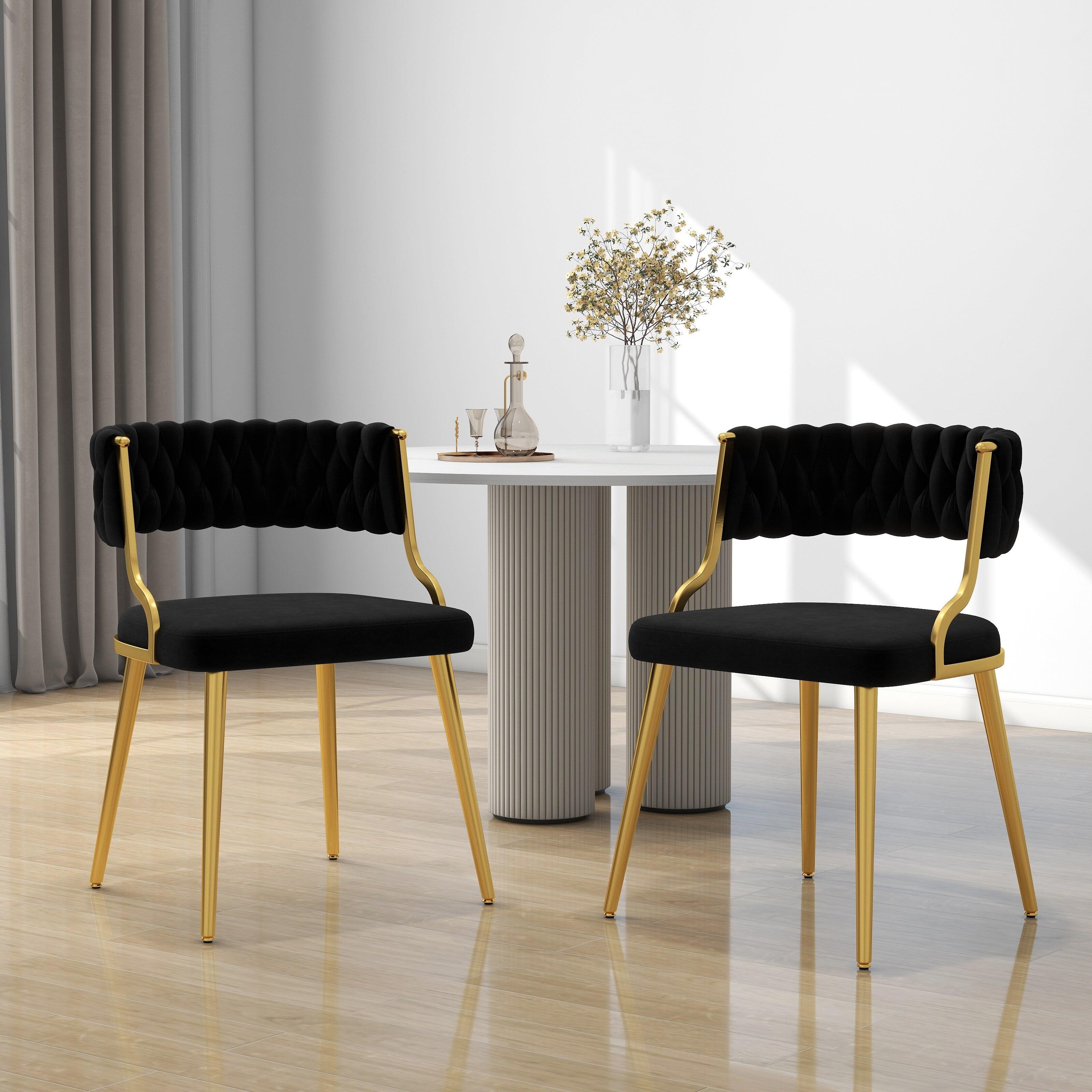 Black Velvet Upholstered Dining Chairs with Gold Metal Legs, Set of 2