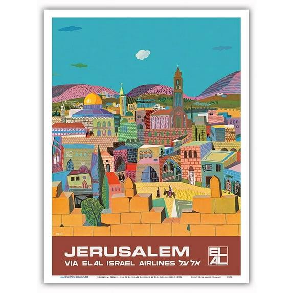 Jerusalem Israel - via El Al Israel Airlines - Vintage Airline Travel Poster by Peri Rosenfeld c.1970s - Master Art Print (Unframed) 9in x 12in