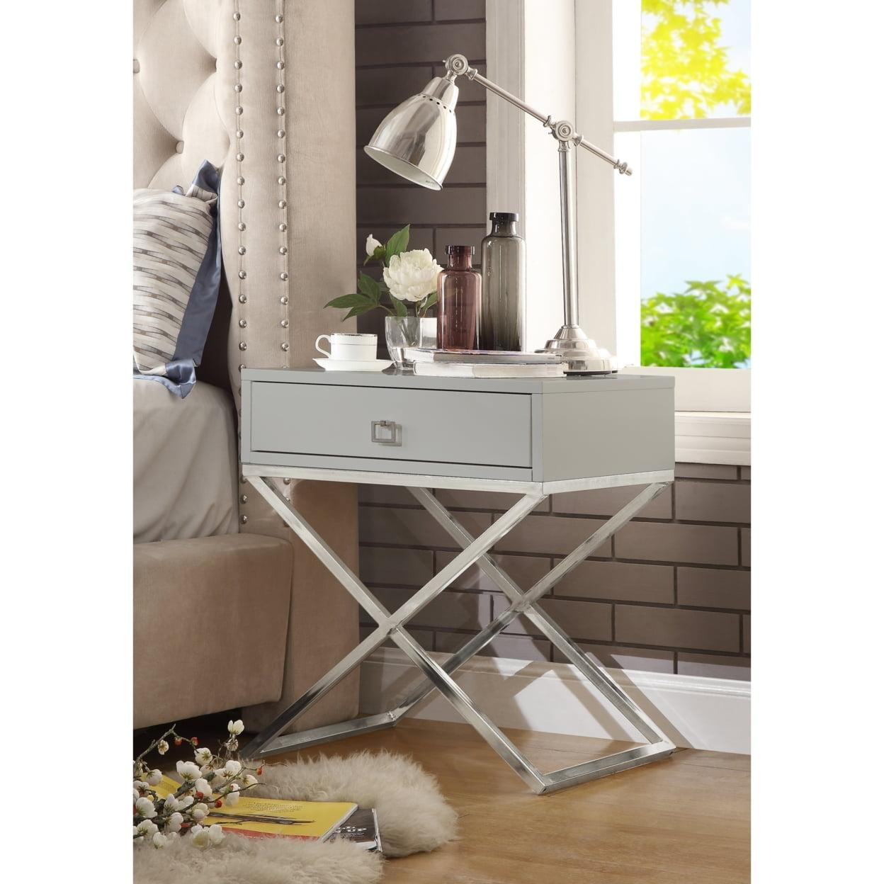 Jesse Modern Lacquer Finish Nightstand with Steel Base and Storage Drawer