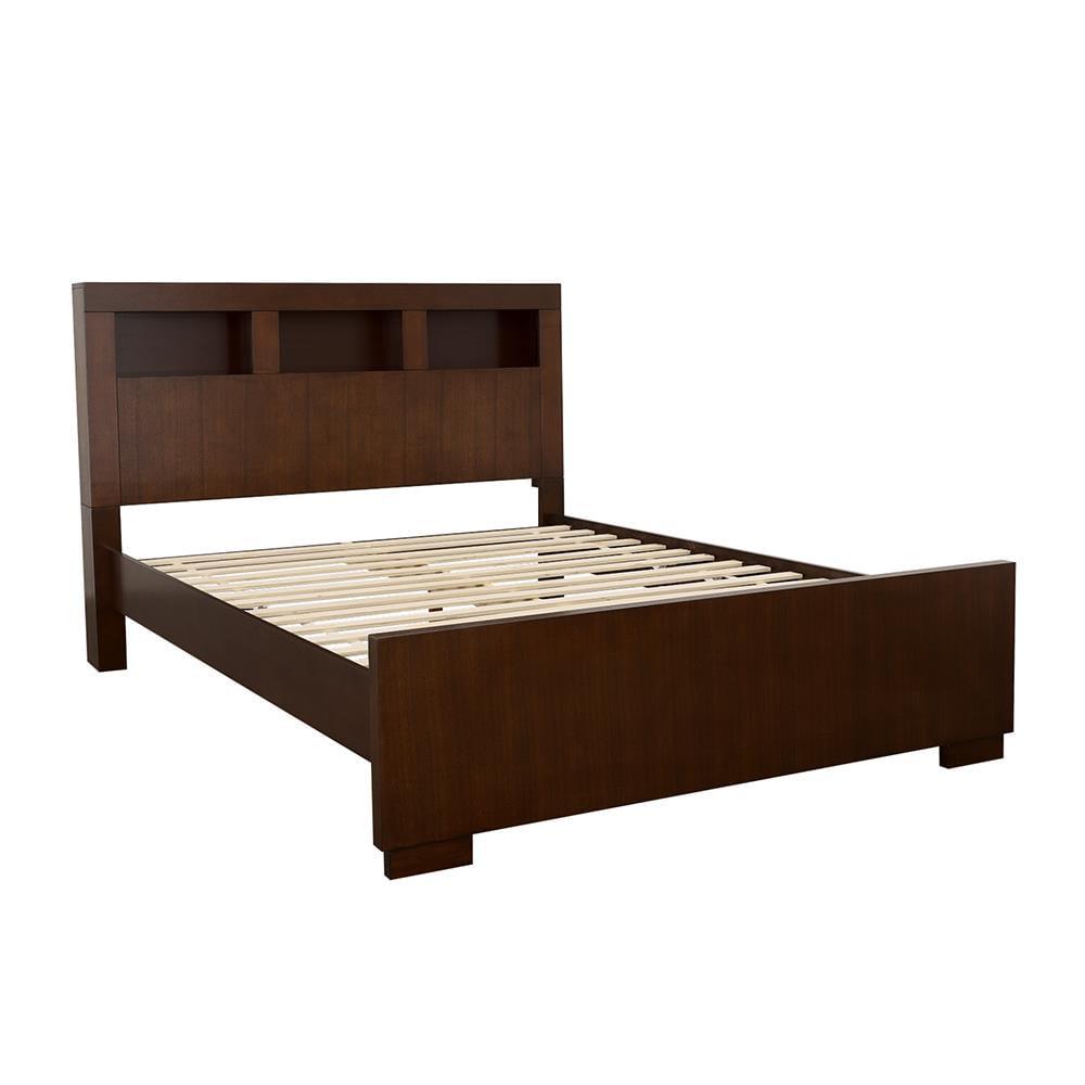 King Espresso Wood Platform Storage Bed with Bookcase Headboard