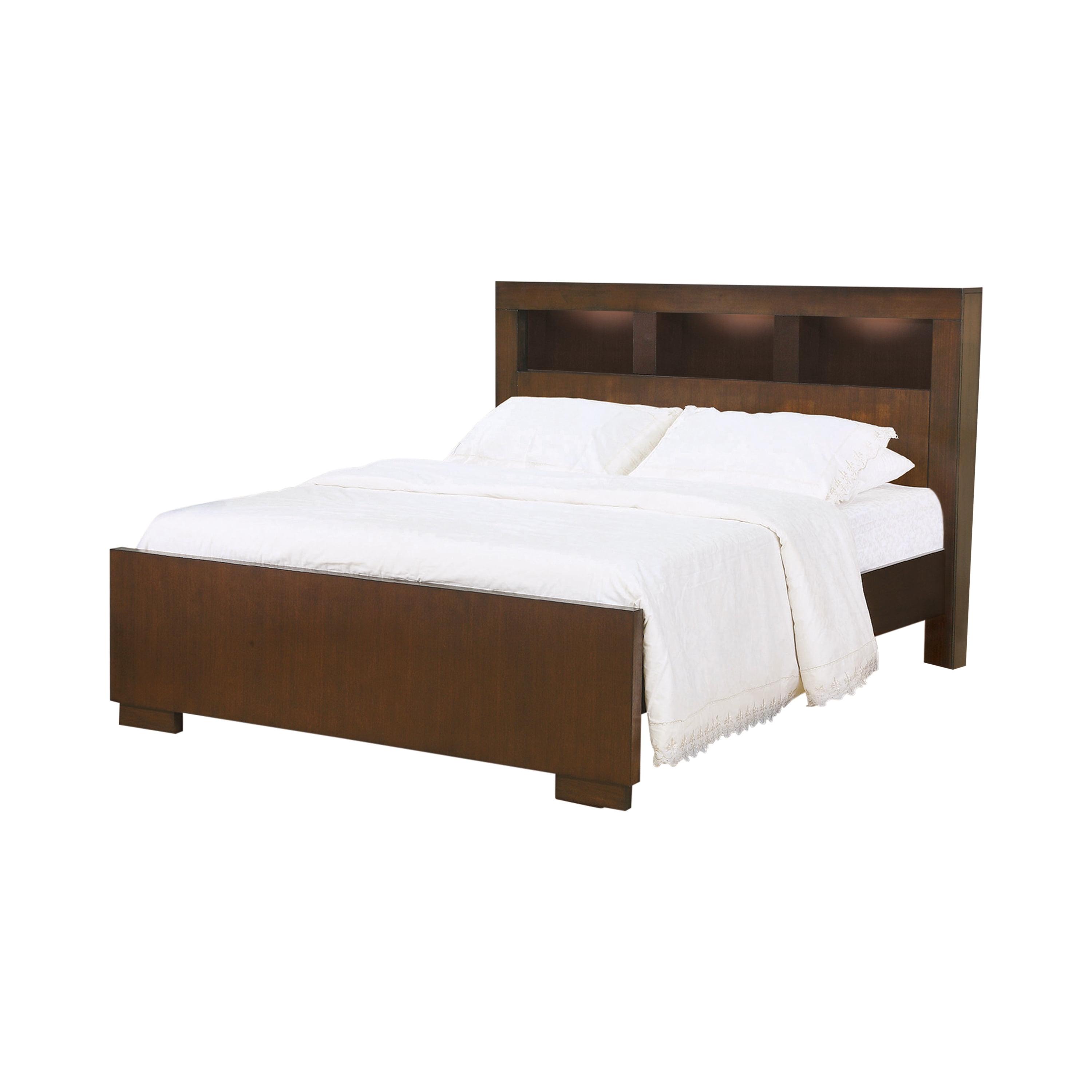 King Espresso Wood Platform Storage Bed with Bookcase Headboard