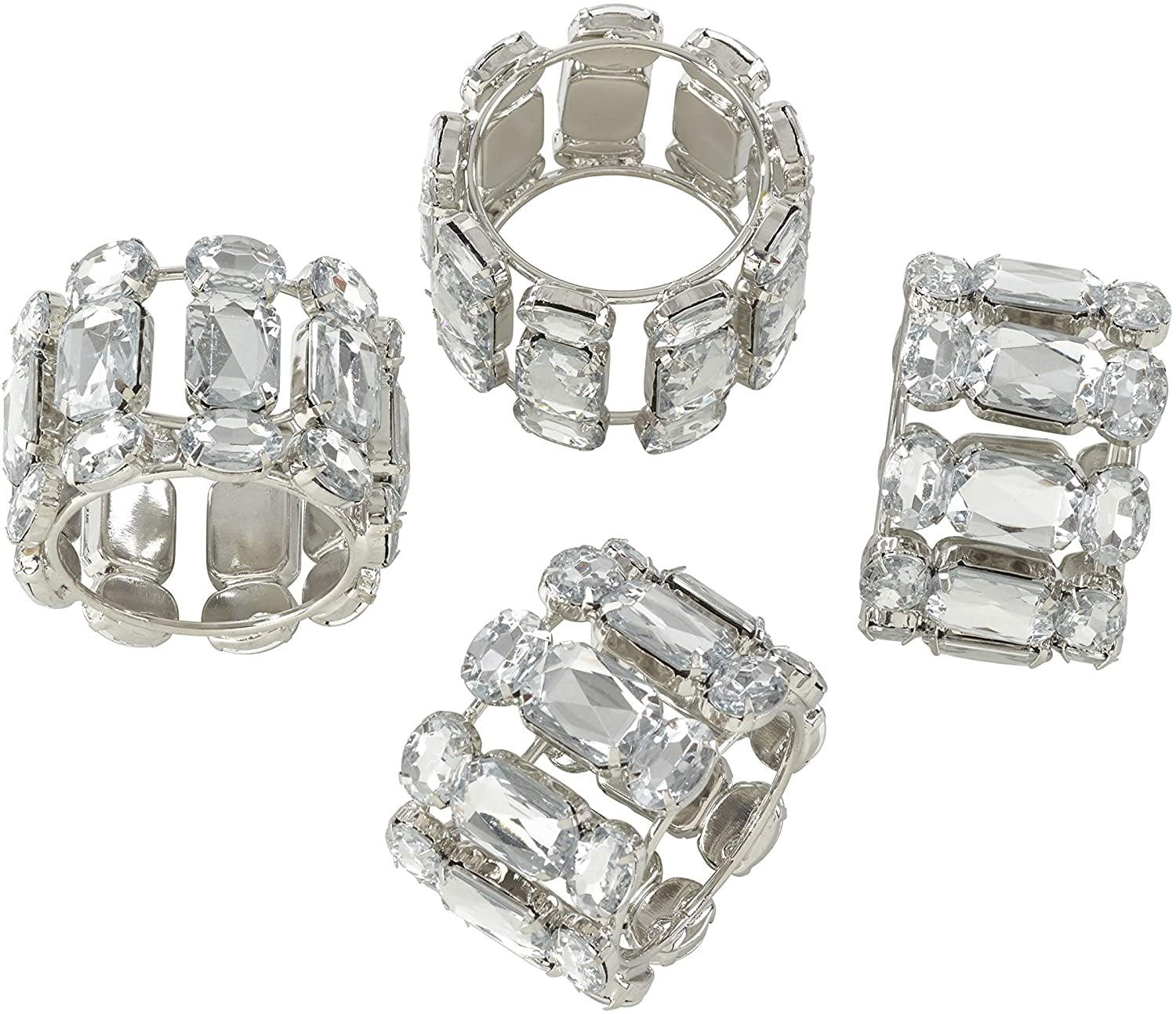 Jeweled Clear Acrylic Napkin Rings with Crystal Gems - Set of 4